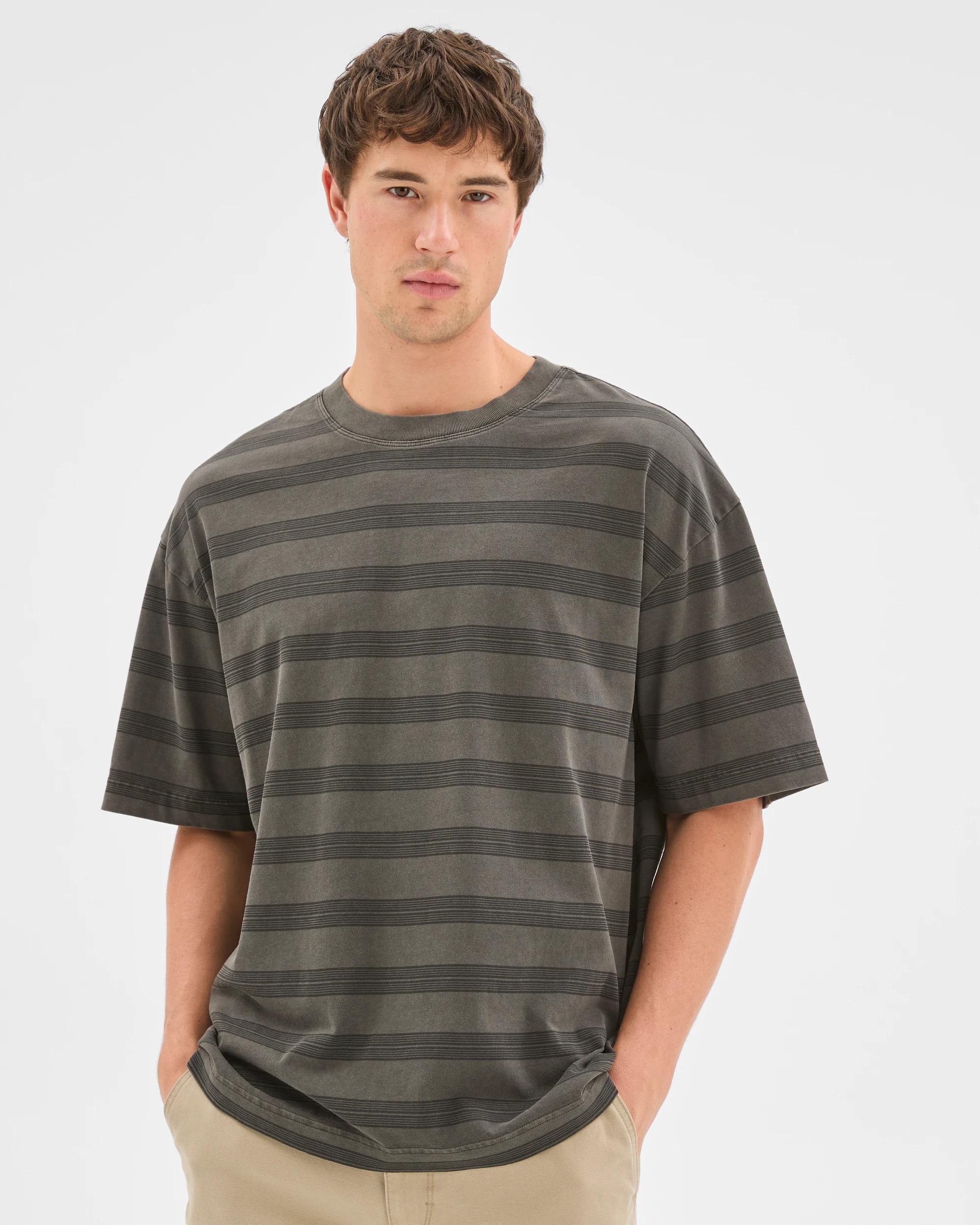 1 Commons Australian Cotton Overdyed Striped T-Shirt BLACK STRIPE, 1 of 7