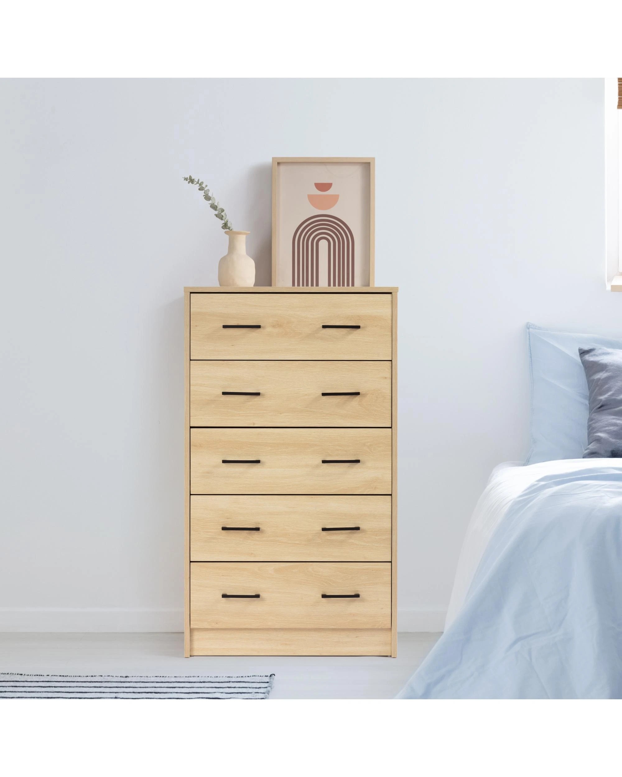 3 Kodu Chest 5 Drawers Tallboy Storage Dresser Storage Cabinet Oak - Natural, 3 of 7