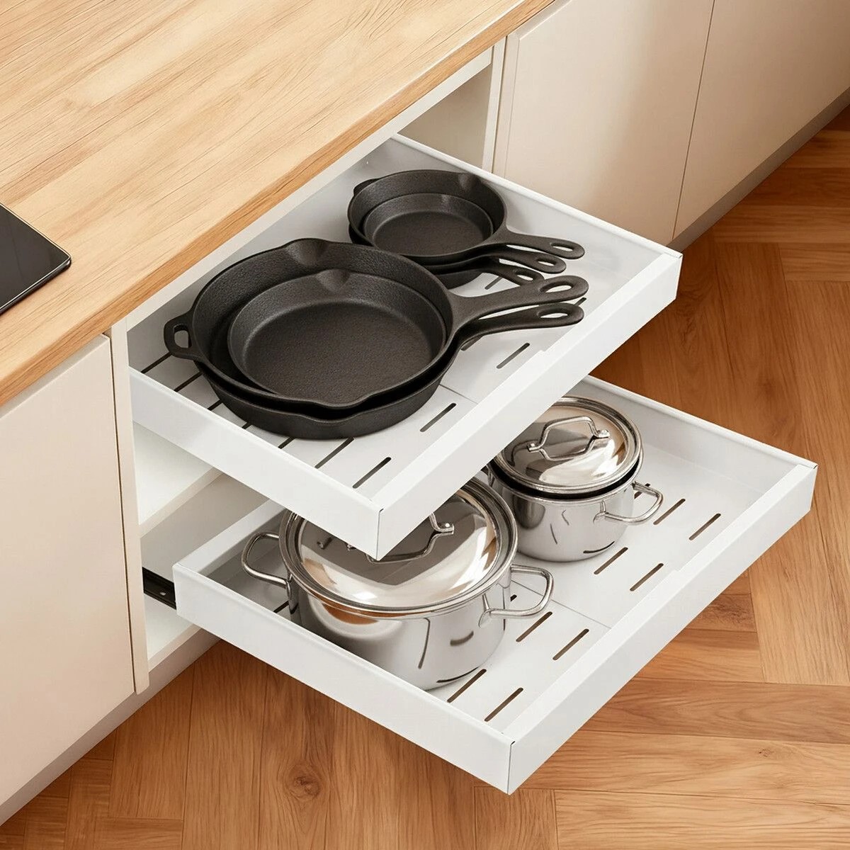 2 Ausway 2PCS Pull Out Cabinets Dish Drawer Storage Rack 42cm, 2 of 4