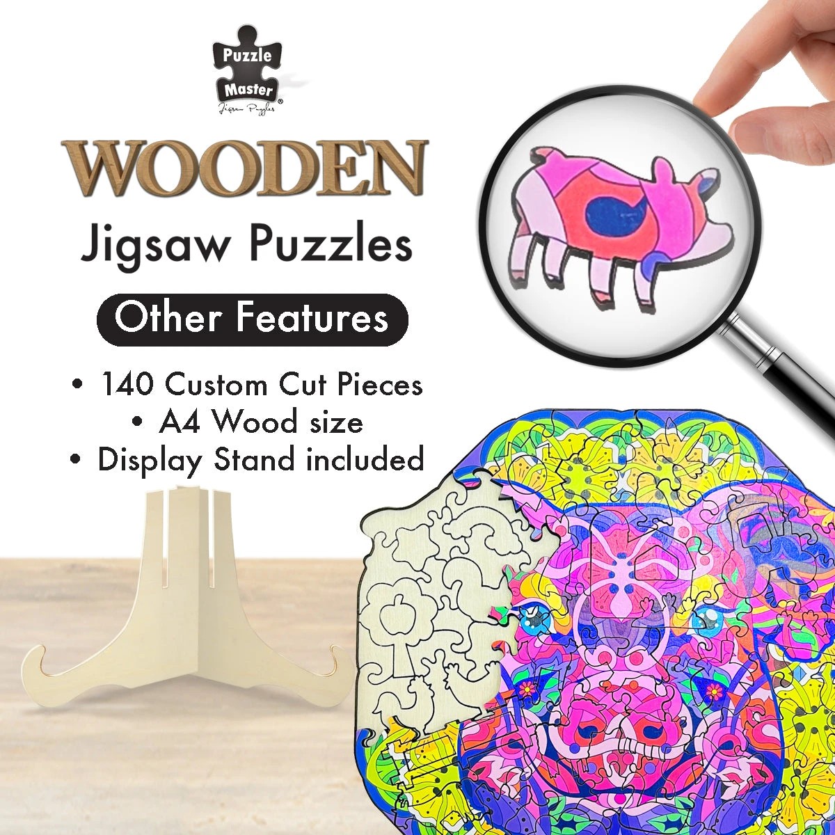 4 Puzzle Master 121 Piece Wooden Jigsaw Puzzle, Pig, 4 of 8