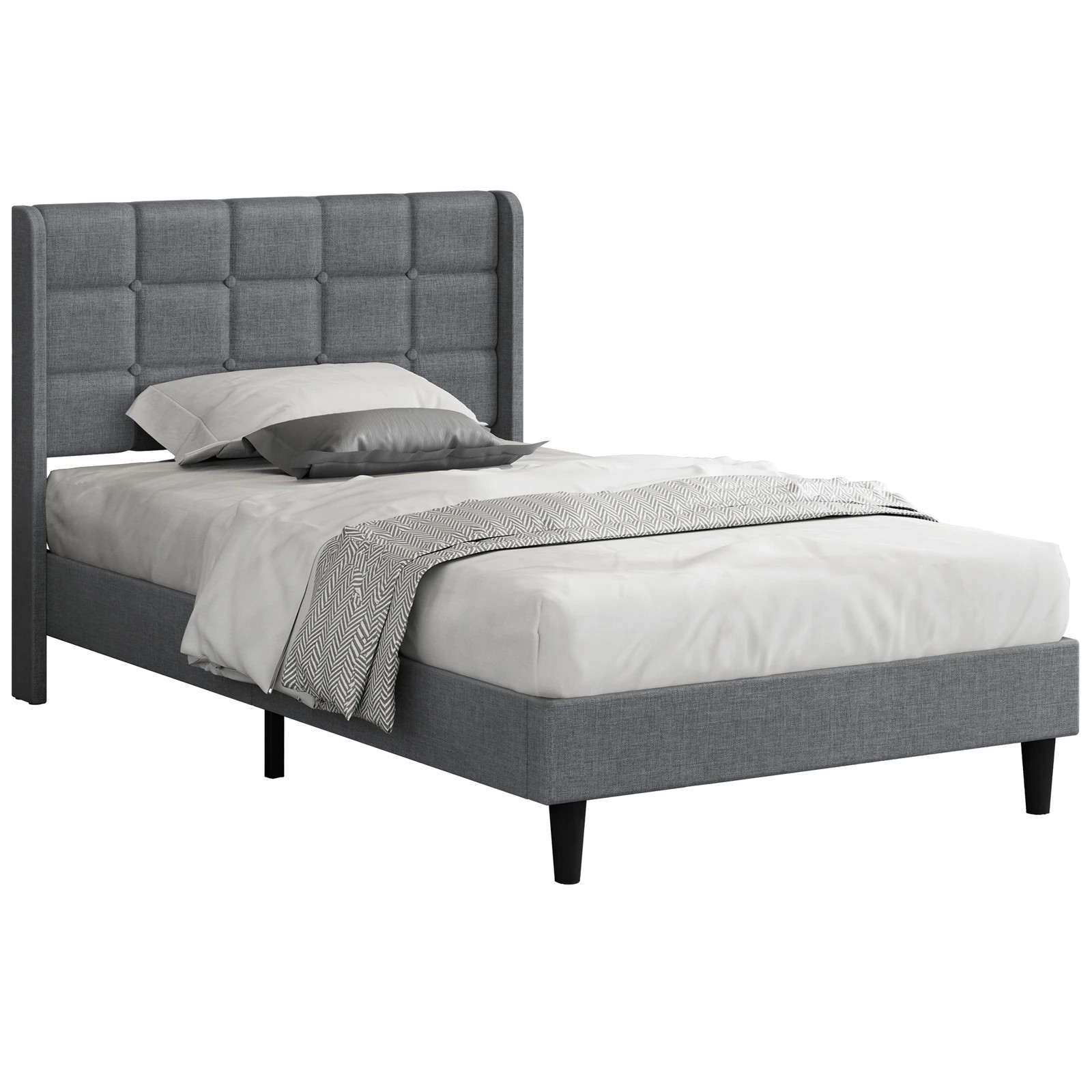 1 Alfordson Bed Frame Single Size Upholstered Wingback Base Fabric Sarah - Grey, 1 of 10