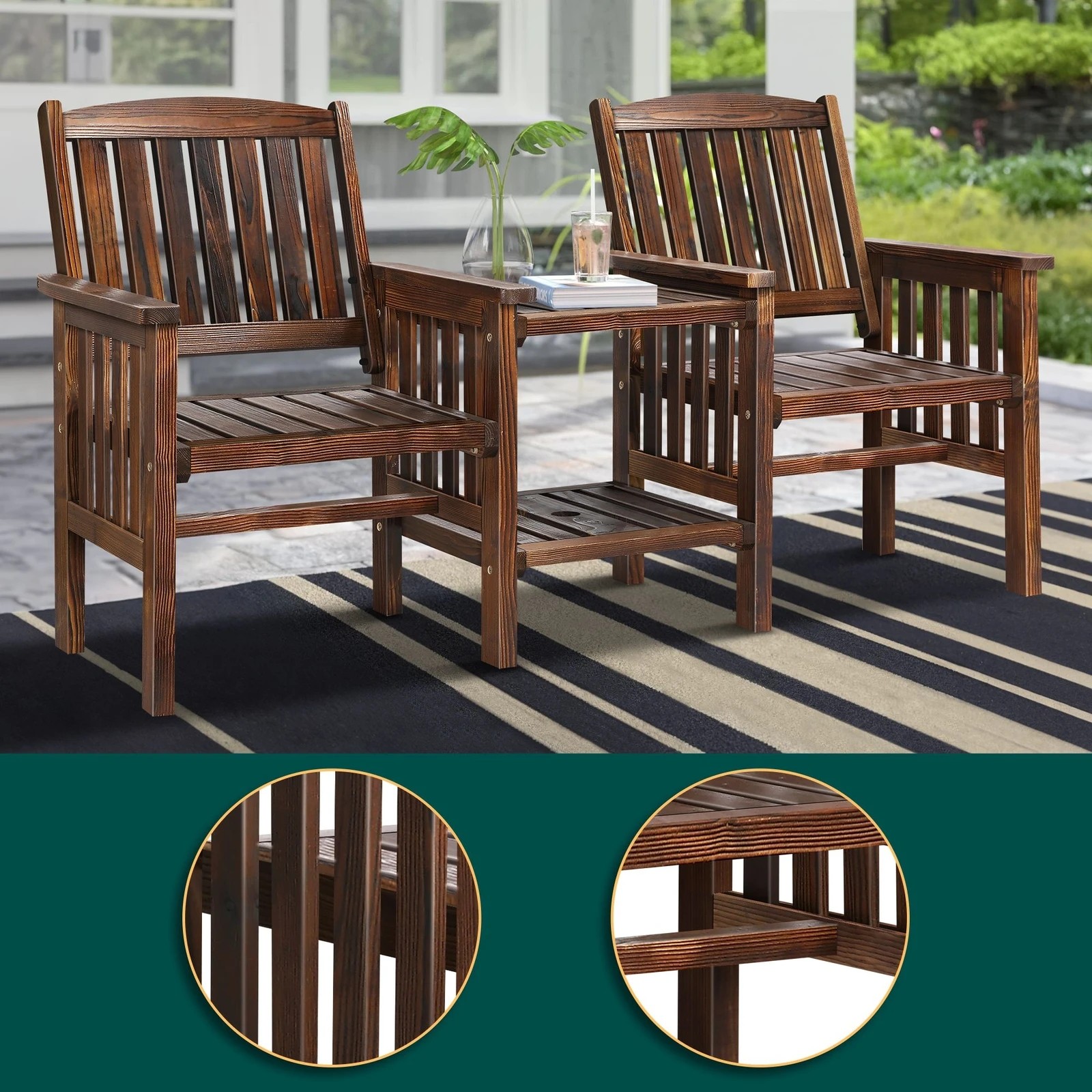 5 Alfordson Wooden Garden Bench Loveseat Outdoor Chairs Table Set Patio - Charcoal, 5 of 9