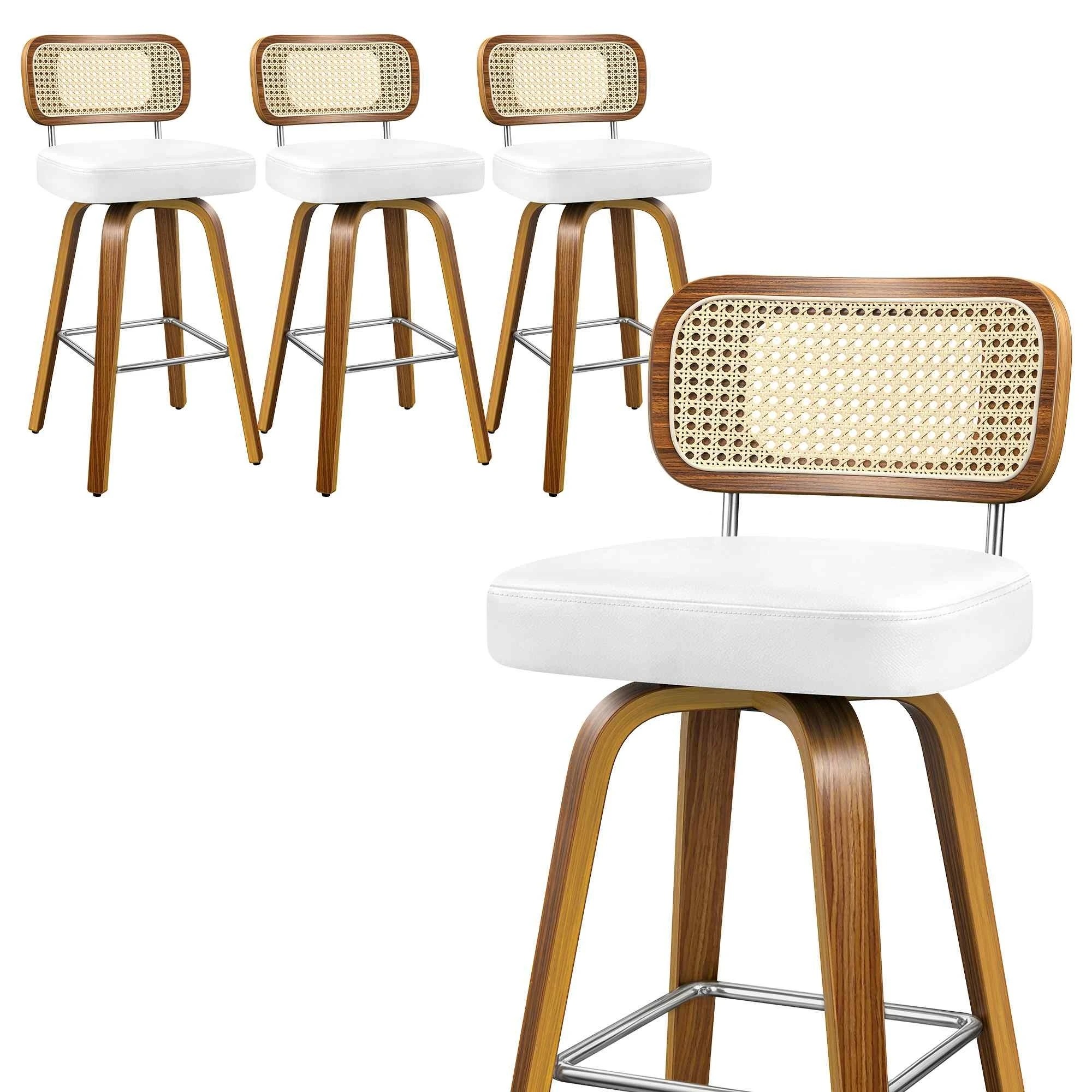 1 Alfordson 4x Bar Stools Kitchen Vintage Leather Seat Rattan Chair - White, 1 of 10