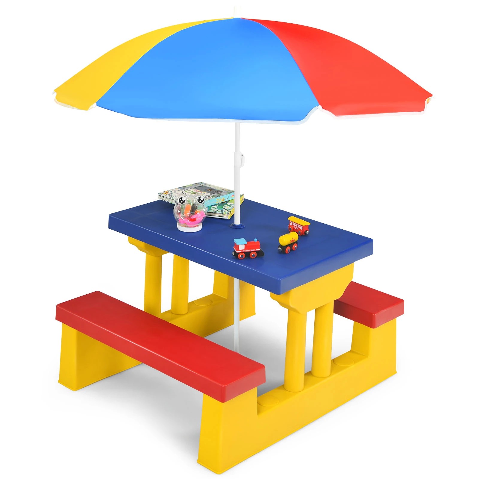 1 Costway Kids Picnic Table Set Outdoor Bench w/Umbrella, 1 of 4