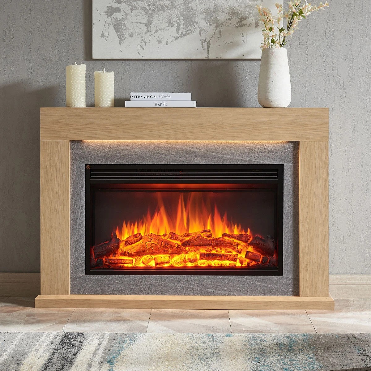 1 Moda Living Ruby Electric Fireplace Heater Natural Oak Mantel Suite - Natural, 1 of 5