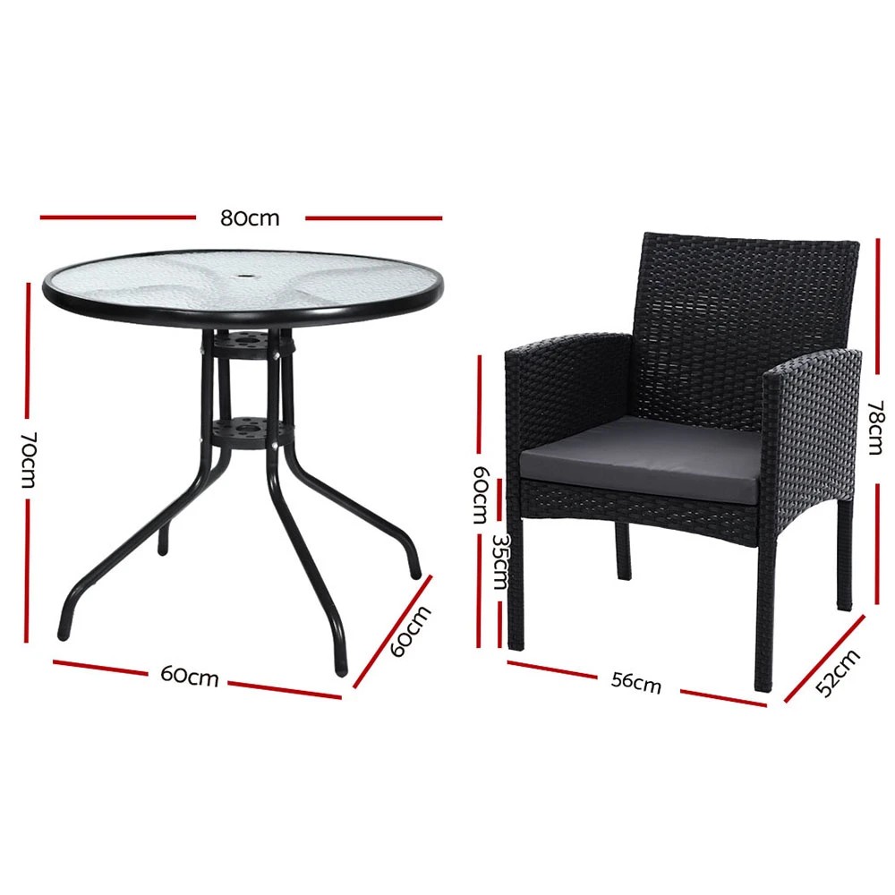 2 Gardeon 3PC Bistro Set Outdoor Furniture Rattan Table Chairs Cushion Patio - Black, 2 of 5