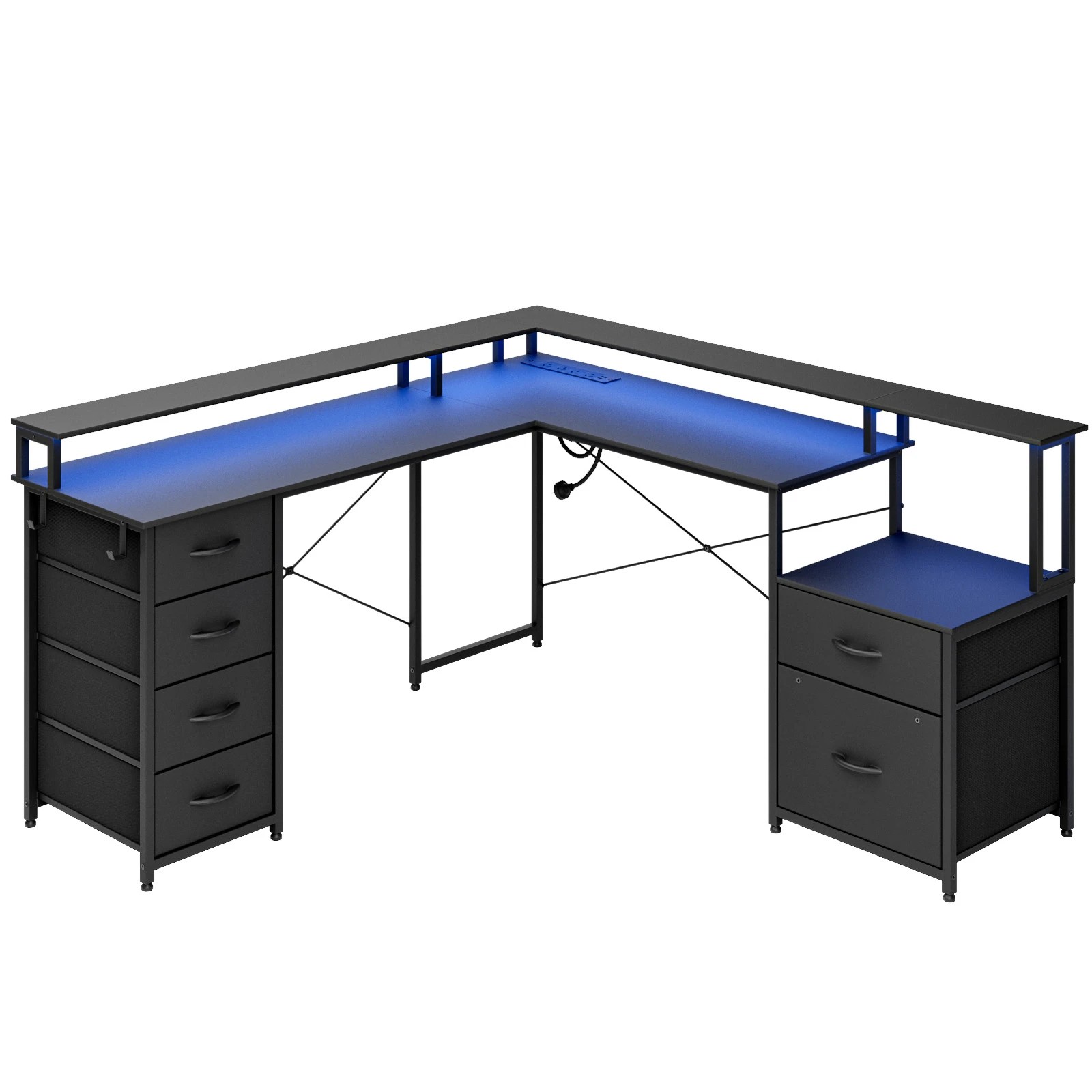 4 Advwin L Shaped Gaming Desk With Led Lights & Power Outlets, 4 of 8