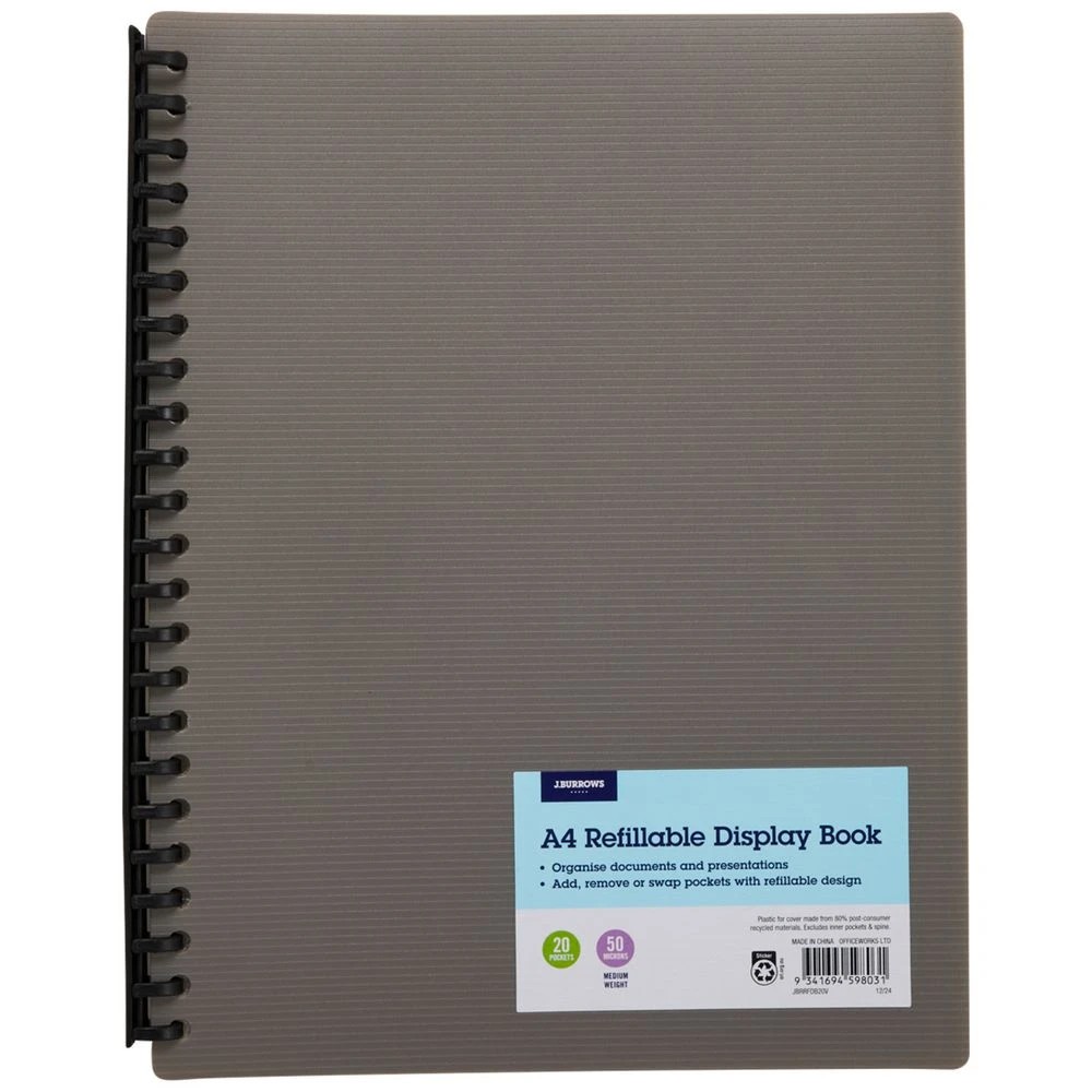 1 J.Burrows Refillable Display Book 20 Pockets Grey, 1 of 5