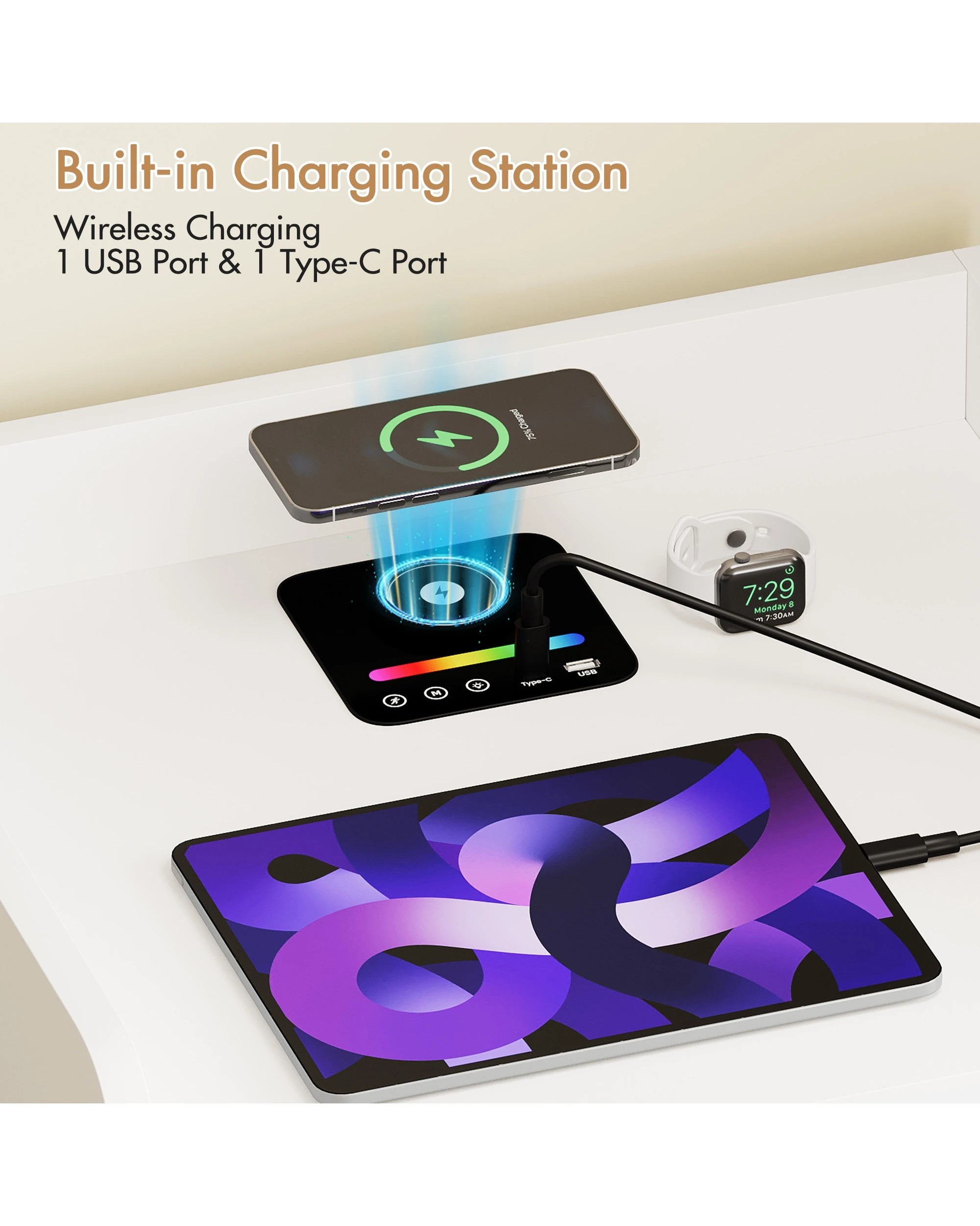 5 Advwin Bedside Table Set Of 2 Led Nightstand Wireless Charging Station, 5 of 8