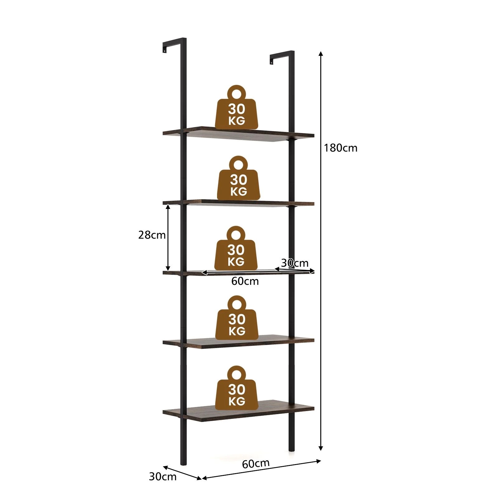 3 Costway 1.8m Ladder Shelf 5-Layer Display Storage Rack Wall Mounted Bookcase Home Office - Brown, 3 of 4
