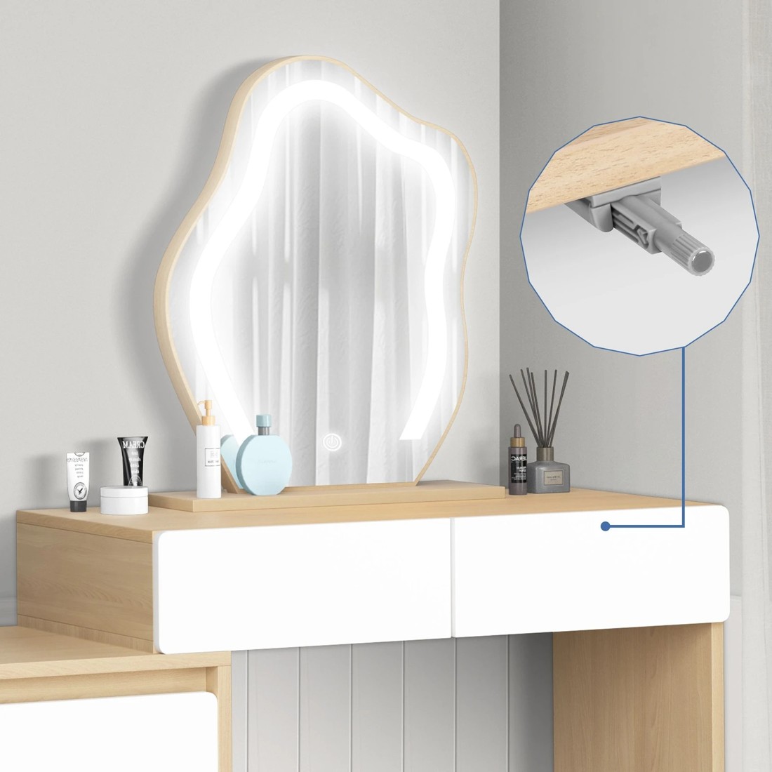 8 Alfordson Dressing Table Stool Set Makeup Mirror Desk LED 8 Drawers - Oak, 8 of 10