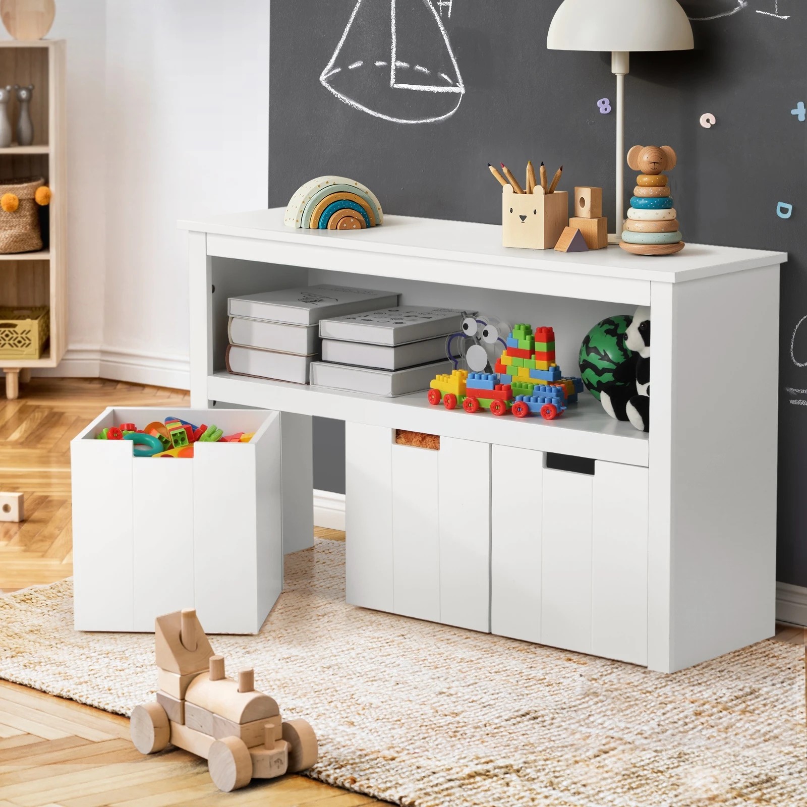 10 Oikiture Wooden Kids Toy Storage Cabinet Bookshelf With Portable Storage Box
 - White, 10 of 10