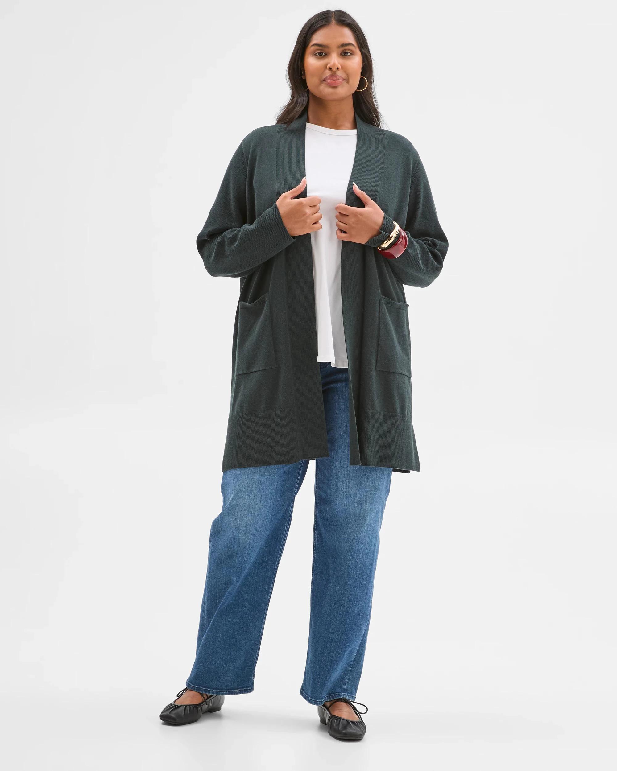 1 Target Curve Curve Australian Cotton Blend Edge To Edge Longline Rib Cardigan MIDNIGHT JADE, 1 of 7