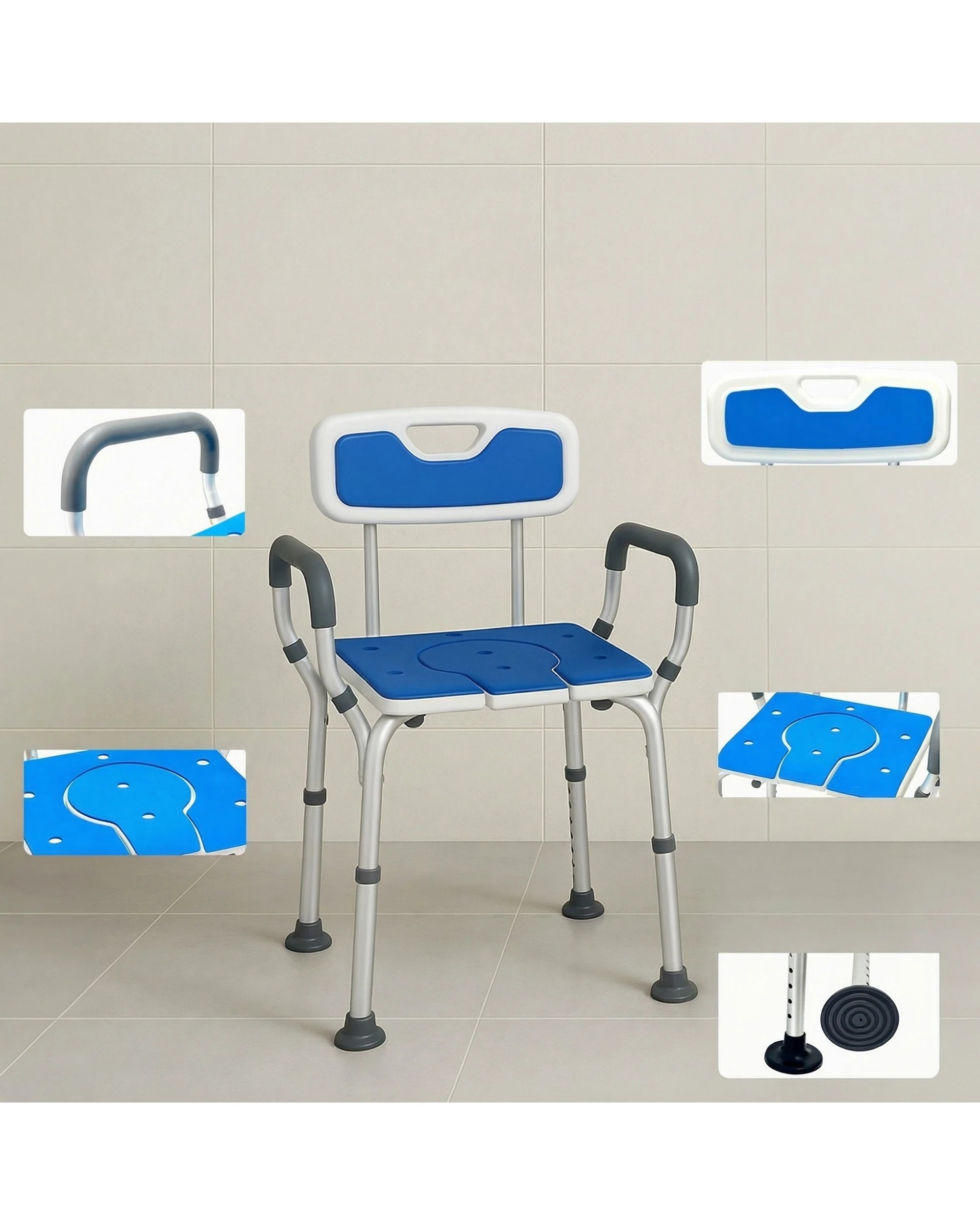 4 Orthonica Height Adjustable Aluminium Commode Shower Chair Armrests Backrest Soft Stool Seat Bathroom Aid - Blue, 4 of 4