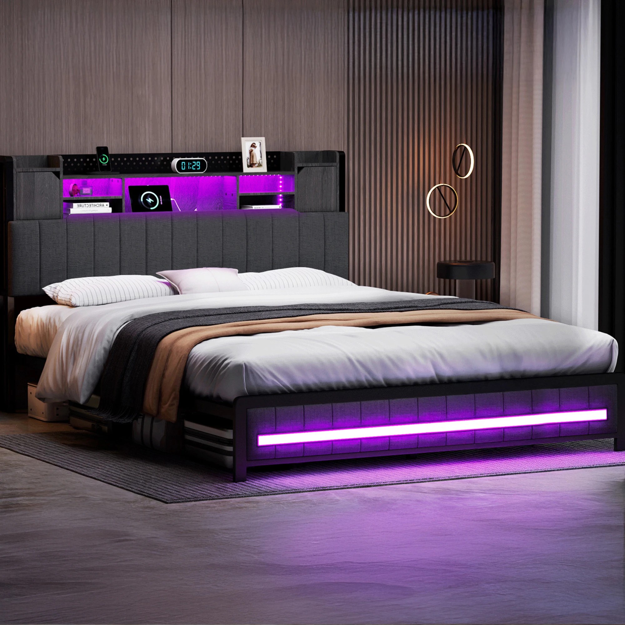 8 Levede King Bed Frame with LED USB and Storage Bedhead, 8 of 9
