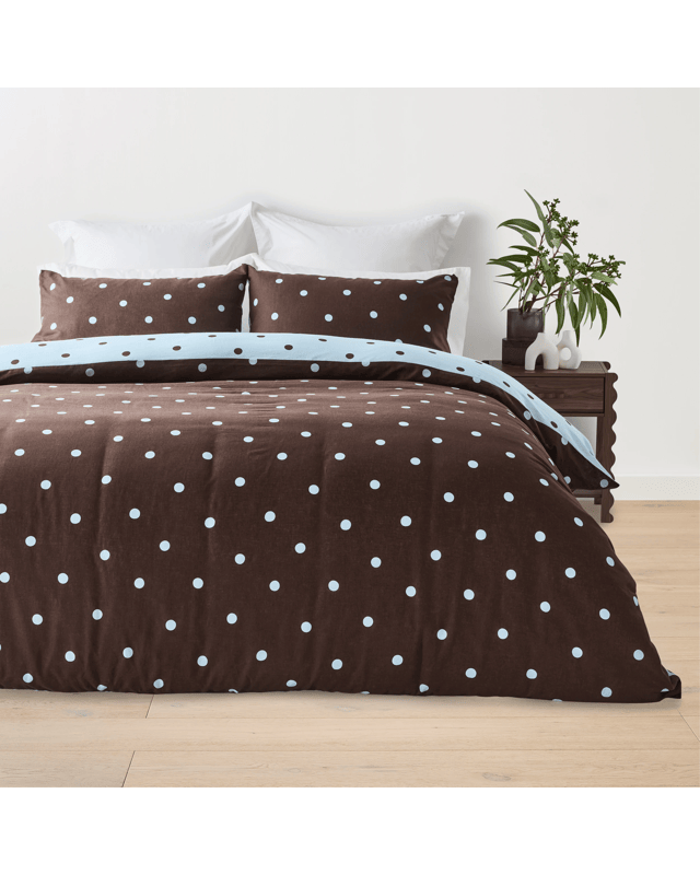 Polka Dot Linen Cotton Reversible Quilt Cover Set - Queen Bed, Chocolate and 