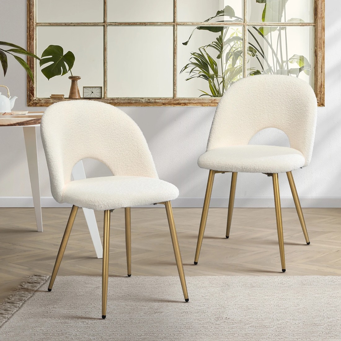 2 Oikiture 2pcs Dining Chairs Sherpa Accent Chair Gold Metal Legs
 - White, 2 of 10