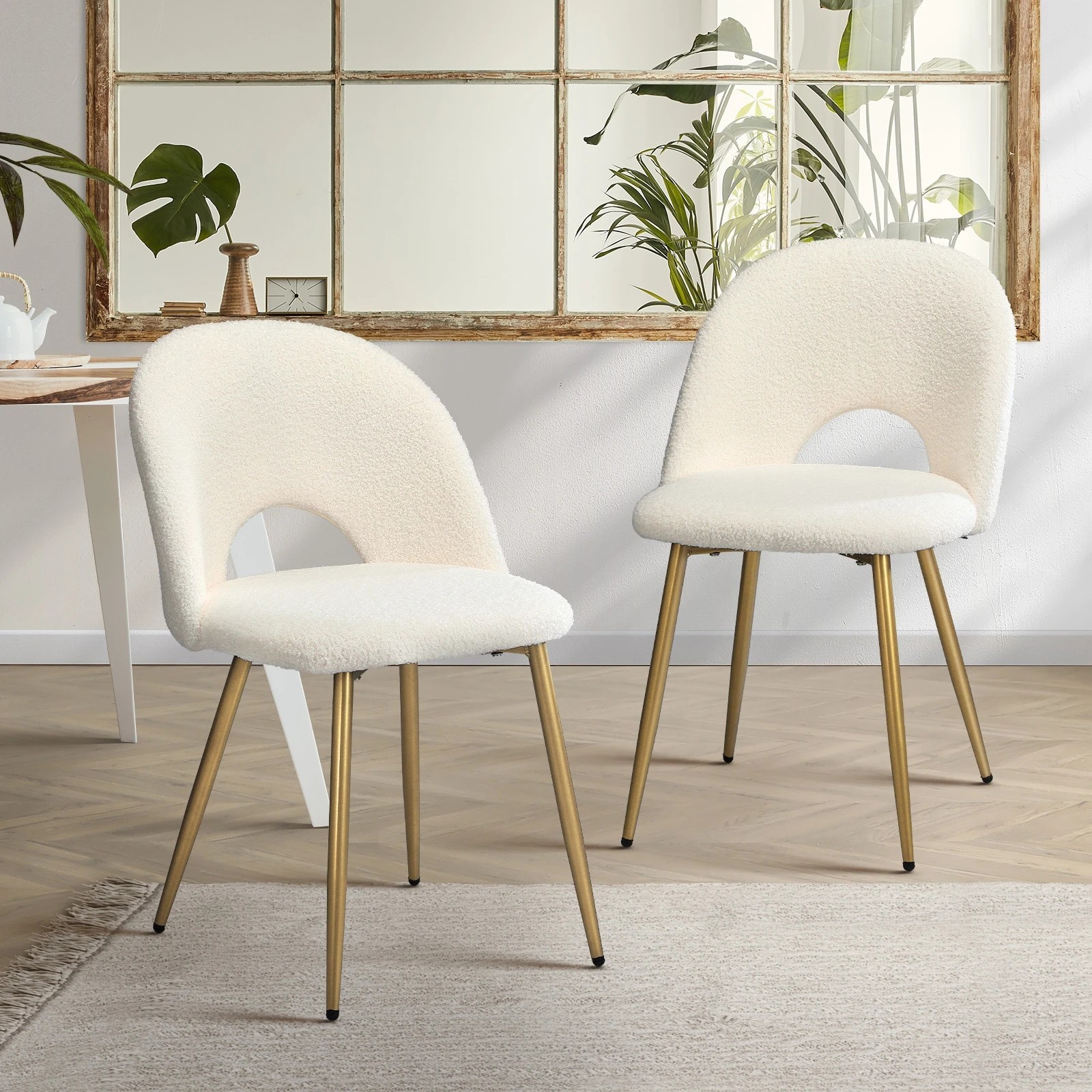 2 Oikiture 2pcs Dining Chairs Sherpa Accent Chair Gold Metal Legs
 - White, 2 of 10