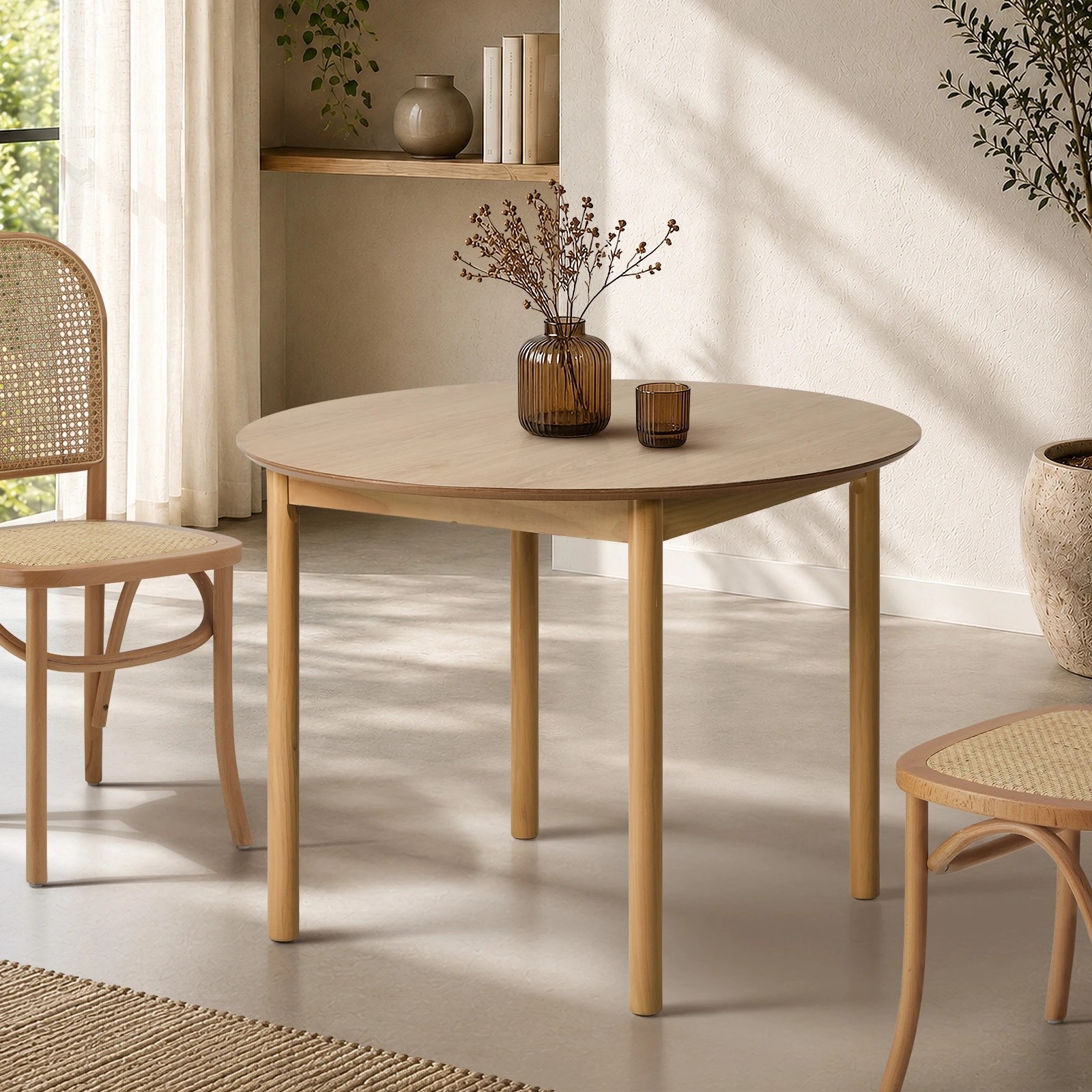 3 Oikiture Wooden Dining Table 100cm Round Table 4 Seater Pine Wood Legs - Natural, 3 of 9