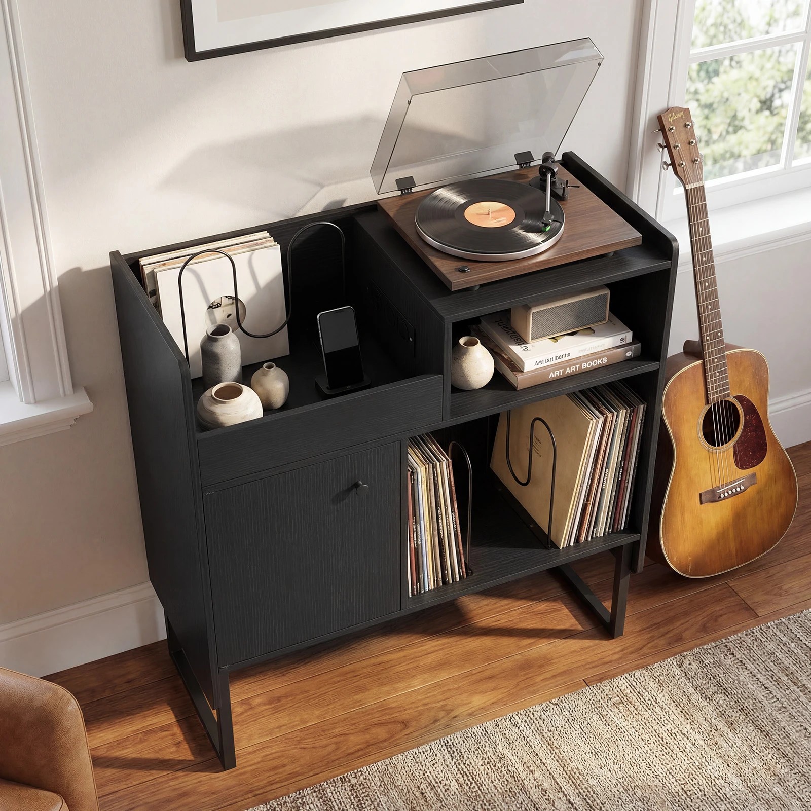 4 Costway Record Player Stand w/Power Outlets Vinyl Storage Turntable Stand - Black, 4 of 6