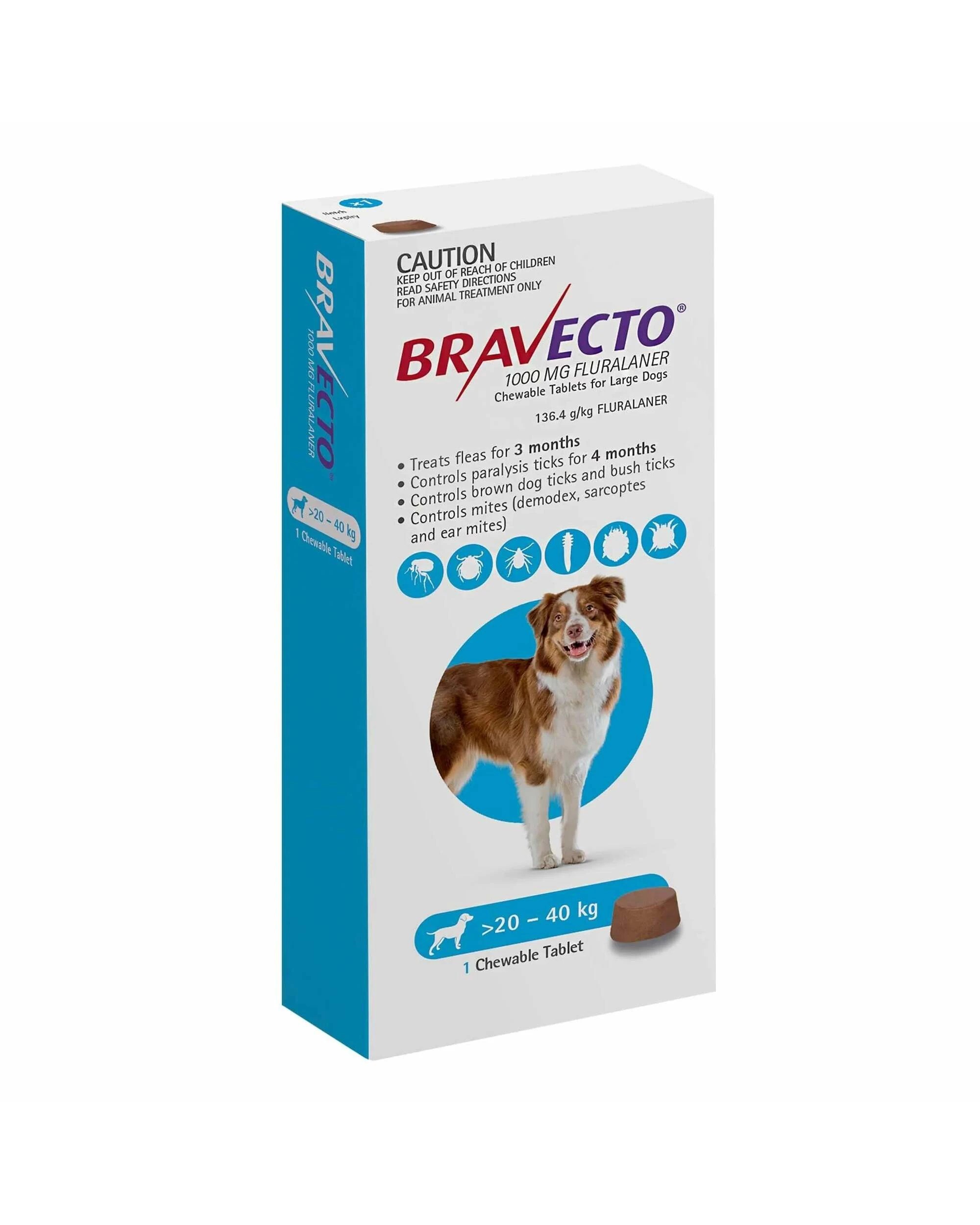 1 Bravecto 20-40kg Large Dog Flea & Tick Chew 2pk, 1 of 2