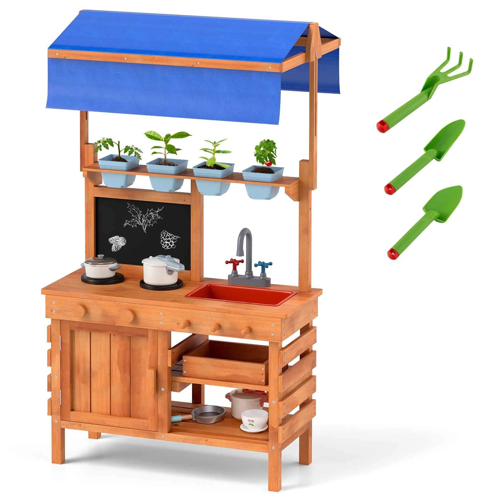 1 Costway Solid Wood Pretend Play Mud Kitchen Cooking Playset, 1 of 1