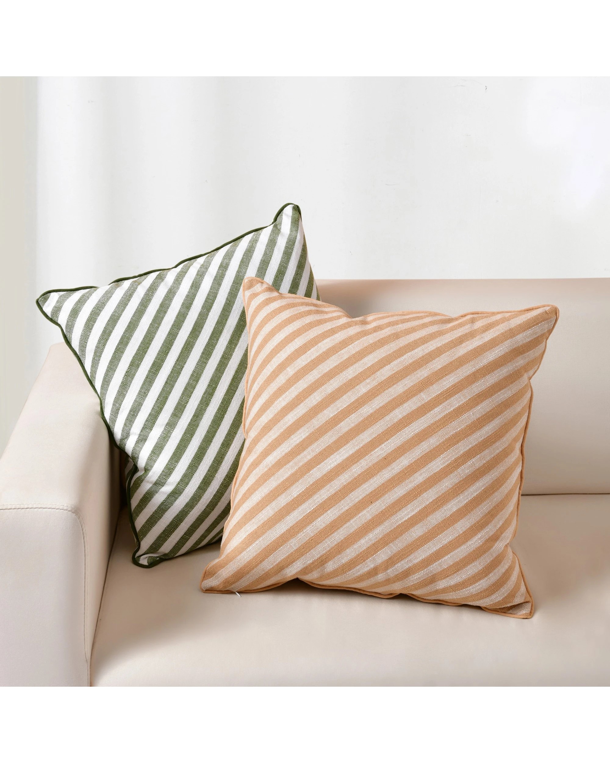 4 Cadence & Co. Oscar Faux Linen Striped Cushion - Olive, 4 of 5
