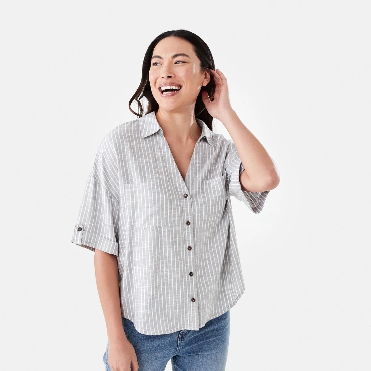 1 Short Sleeve Roll Sleeve Tab Shirt OLIVIA STRIPE LIGHT KHAKI, 1 of 6