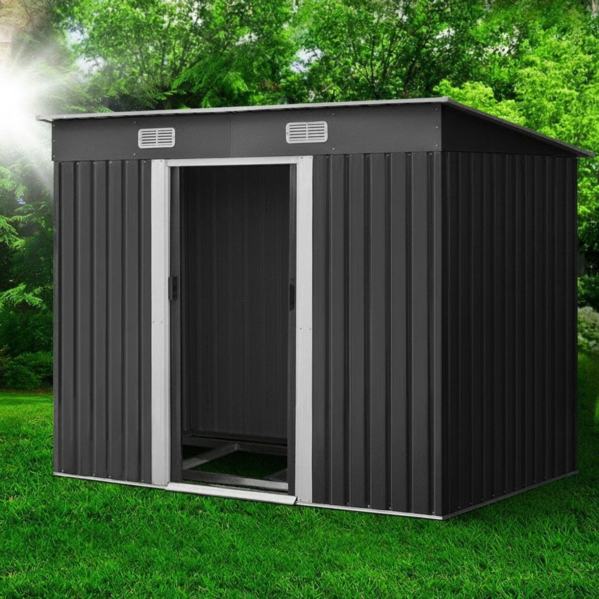 2 Giantz Garden Shed Metal Base Sheds Outdoor Storage Tool Workshop Sliding Door - Grey, 2 of 8