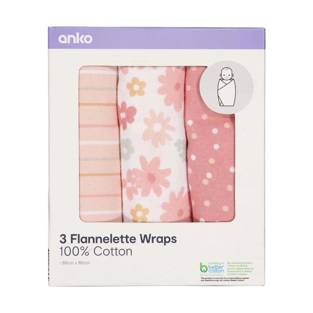 1 3 Pack Flannelette Wraps - Floral, 1 of 6