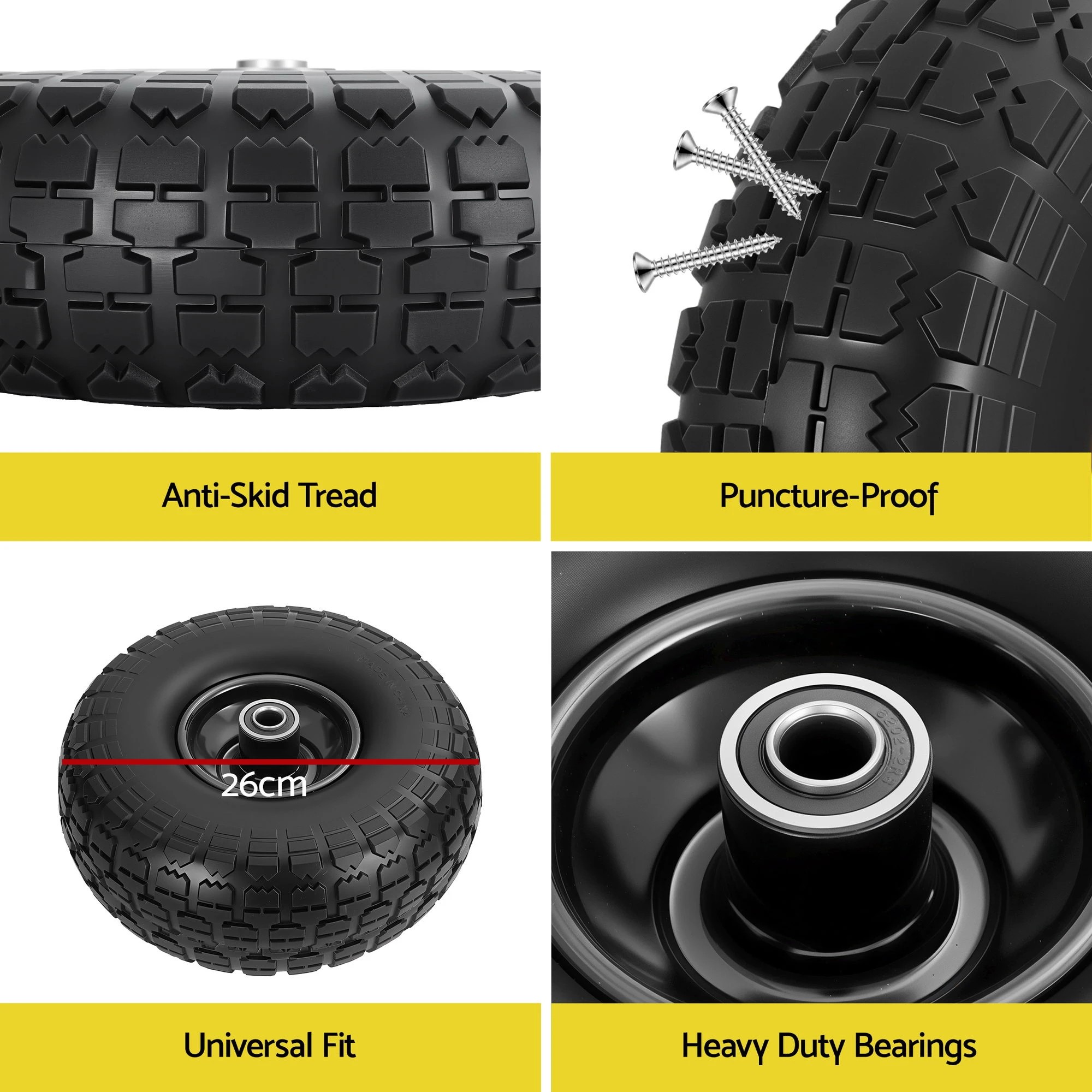 8 Gardeon 2pcs, 4.10/3.50-4 Tire And Wheel Flat Free, 26cm Solid Rubber Tires with 5/8 Axle Bore Hole - Black, 8 of 9