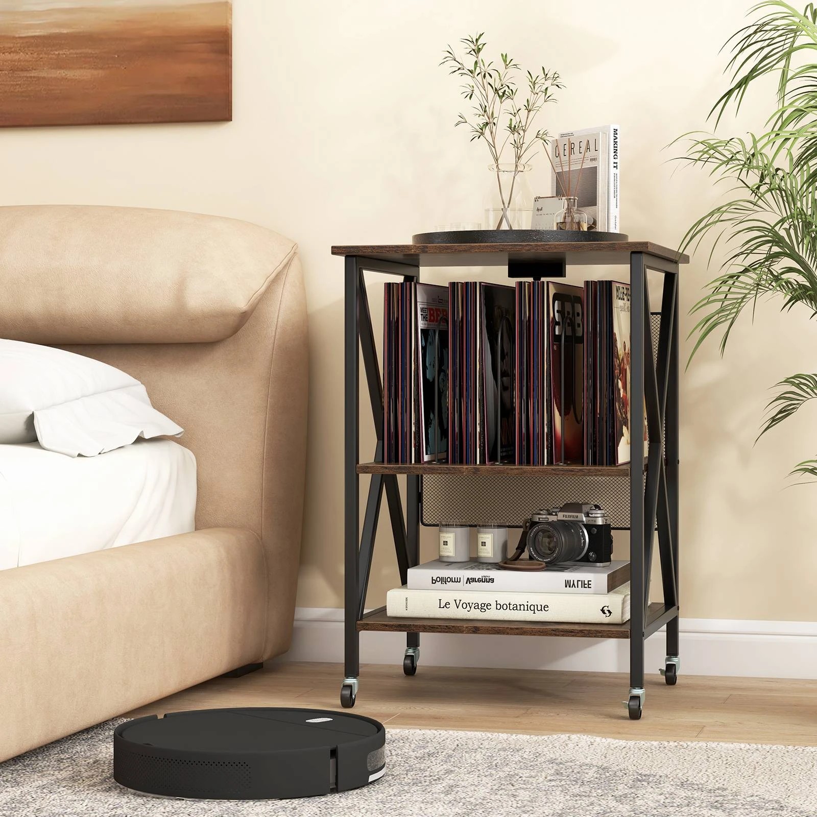 4 Costway Mobile Record Player Stand w/Charging Station 3-Tier Side End Table, 4 of 8