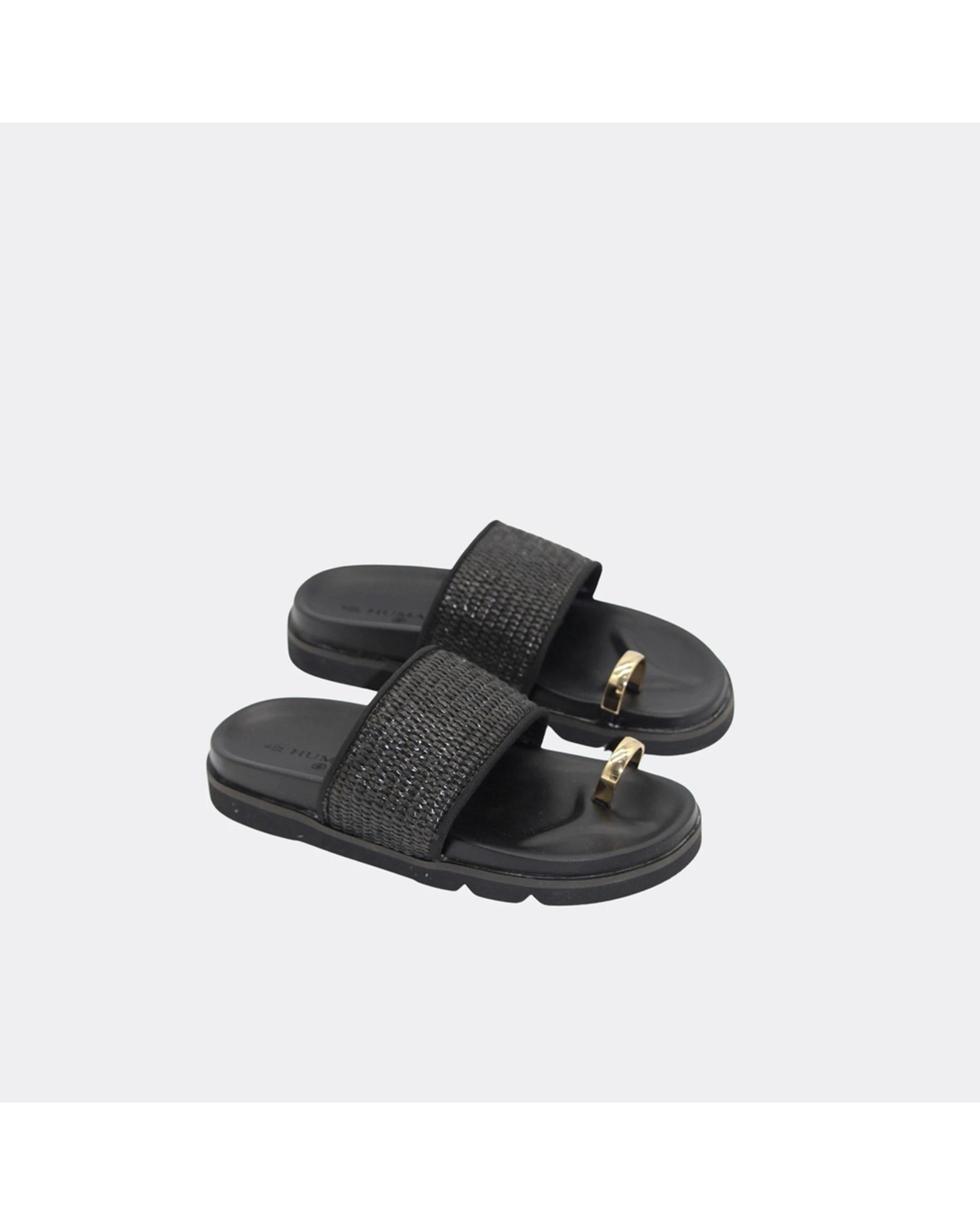 4 Human Shoes Murphy Women's Toe Ring Sandals Woven Raffia Padded Natural BLACK, 4 of 6