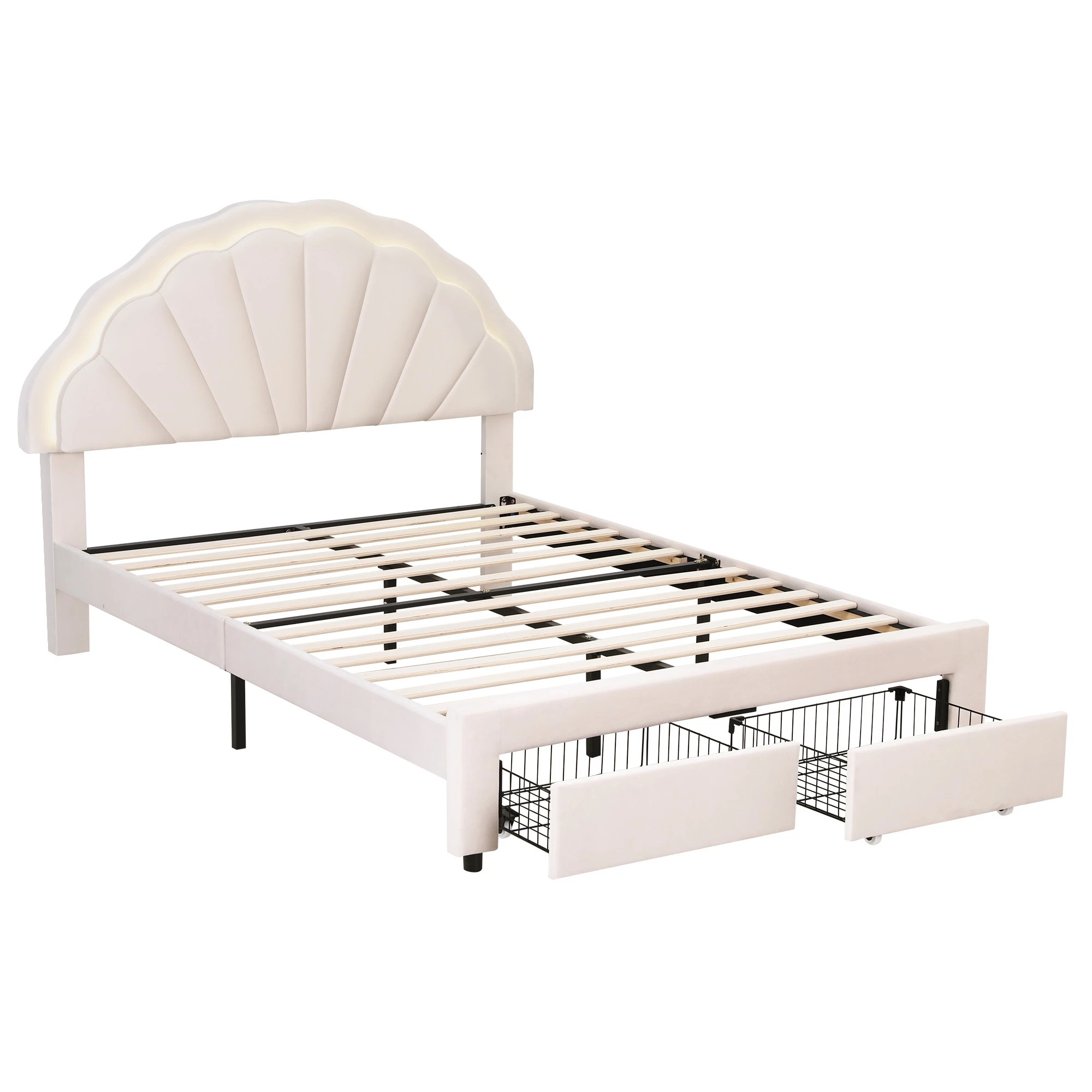 1 Artiss Double Bed Frame with 2 Storage Drawers Upholste Velvet Platform Bed LED Headboard - White, 1 of 1