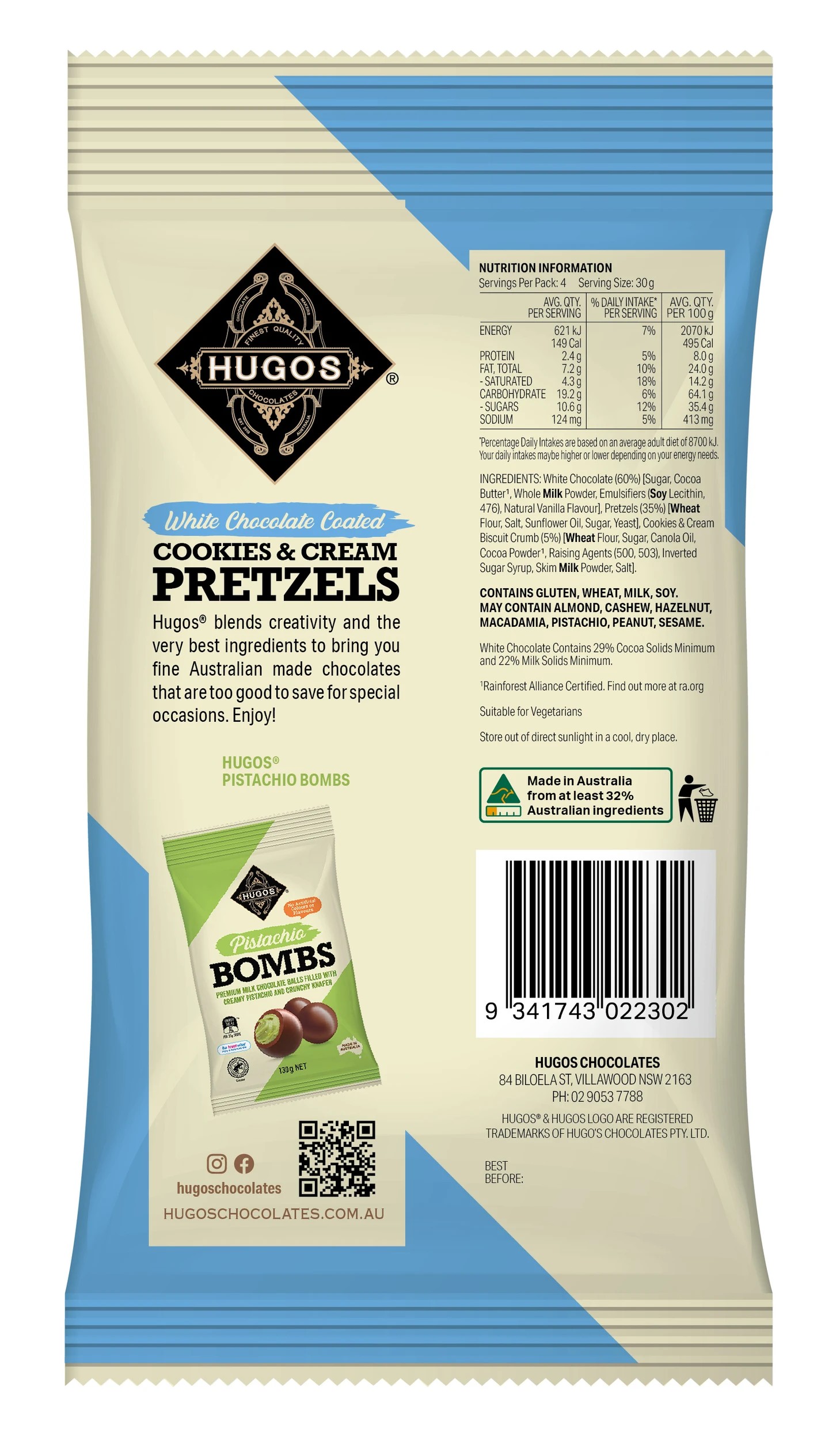 2 Hugos White Chocolate Coated Cookies & Cream Pretzels 120g, 2 of 2