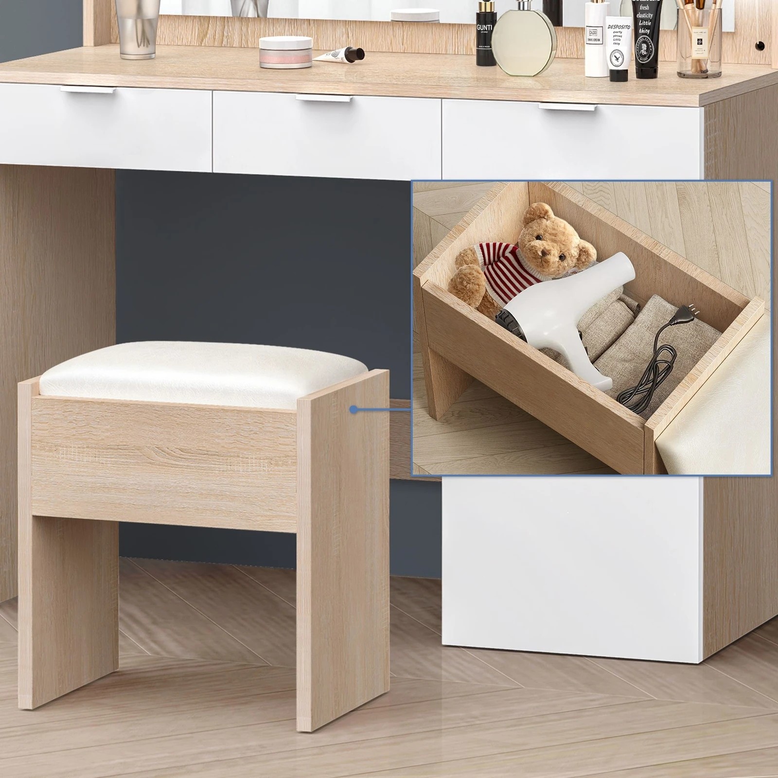 5 Alfordson Dressing Table Stool Set Makeup Mirror Desk 12 LED Bulbs - Oak, 5 of 10