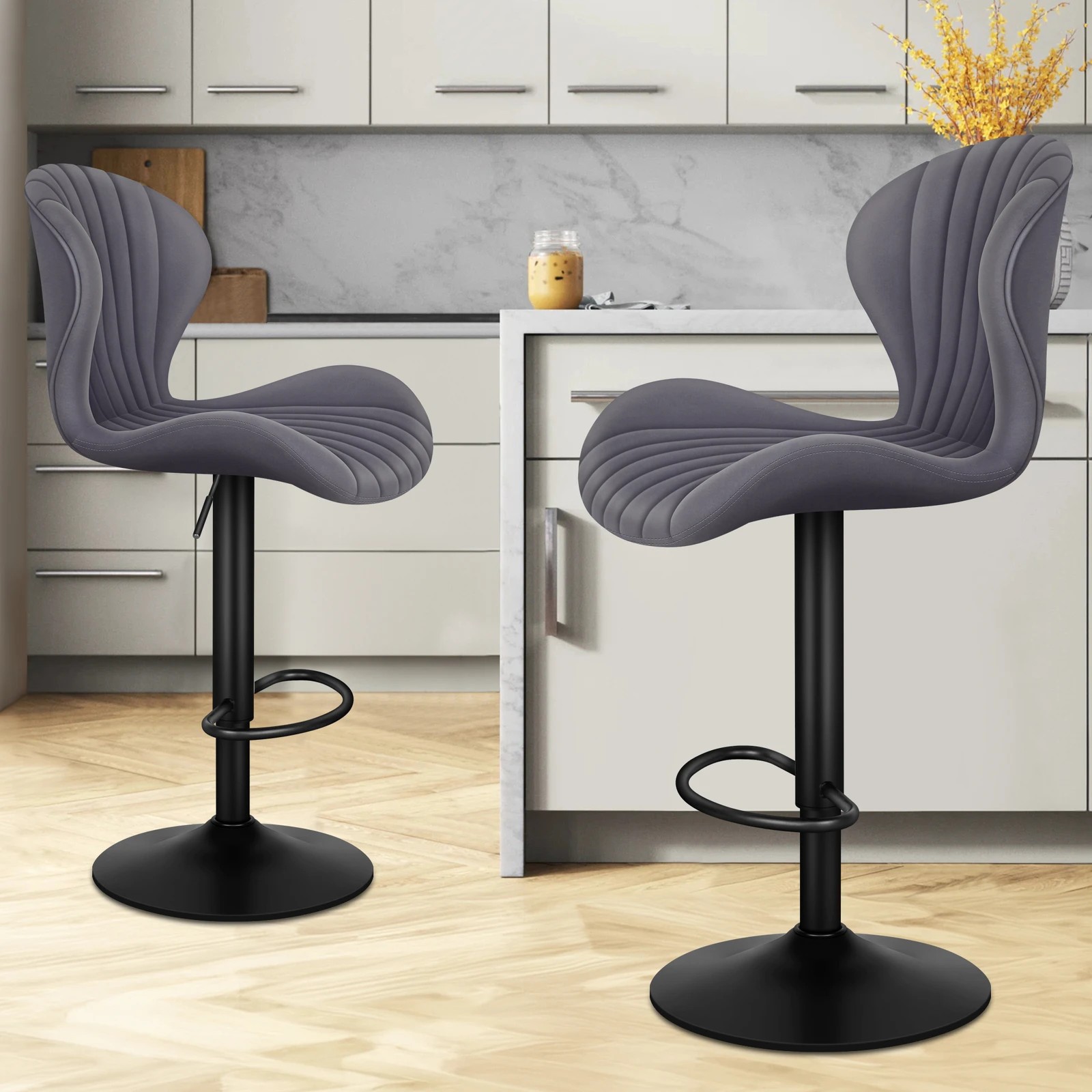 8 Alfordson 2x Bar Stools Gas Lift Air Leather Bar Chairs Kitchen Swivel - Grey, 8 of 10