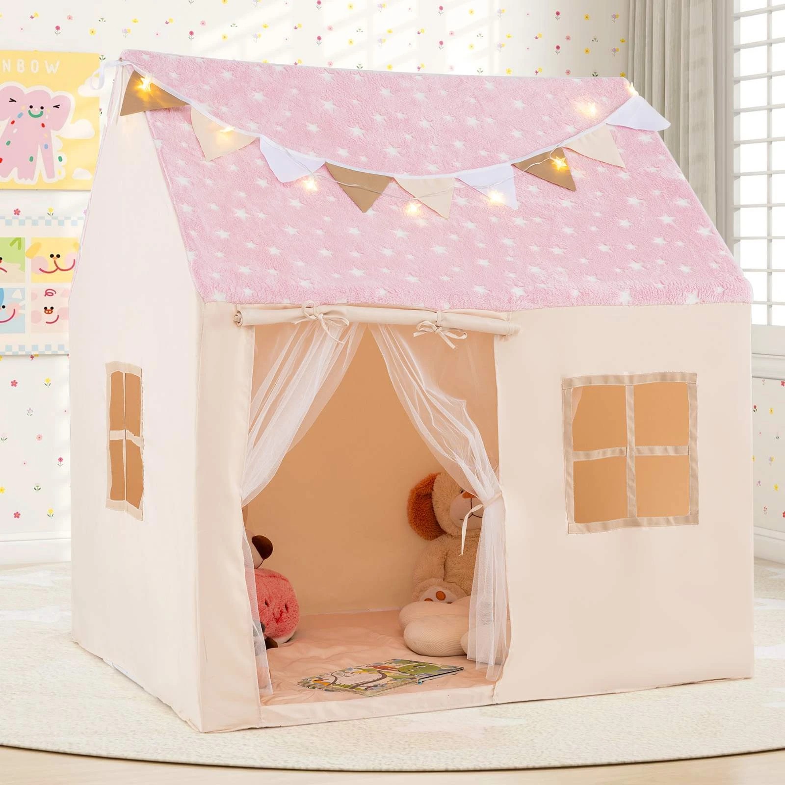 2 Costway Play Tent Large Playhouse w/Star Lights & Padded Mat - Pink, 2 of 2