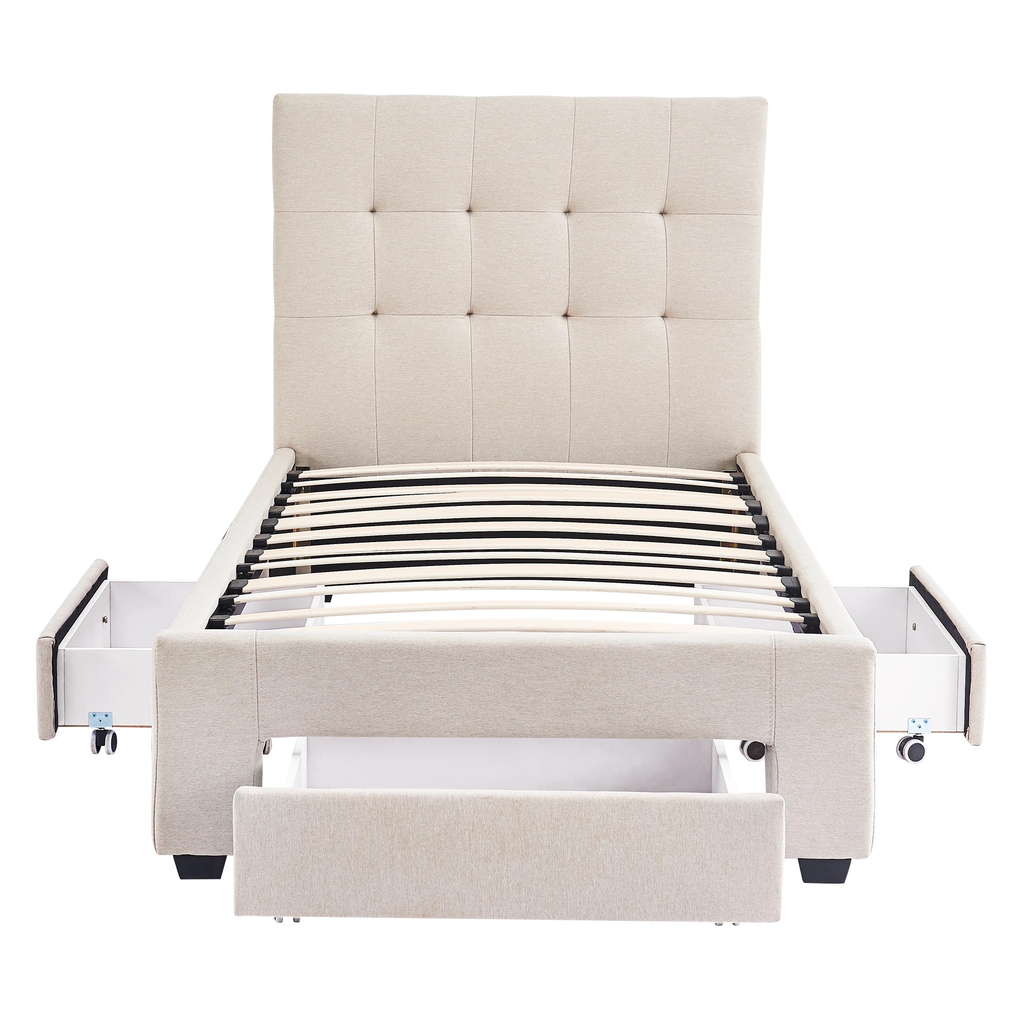 2 Levede Single Storage Bed Frame - Beige, 2 of 9