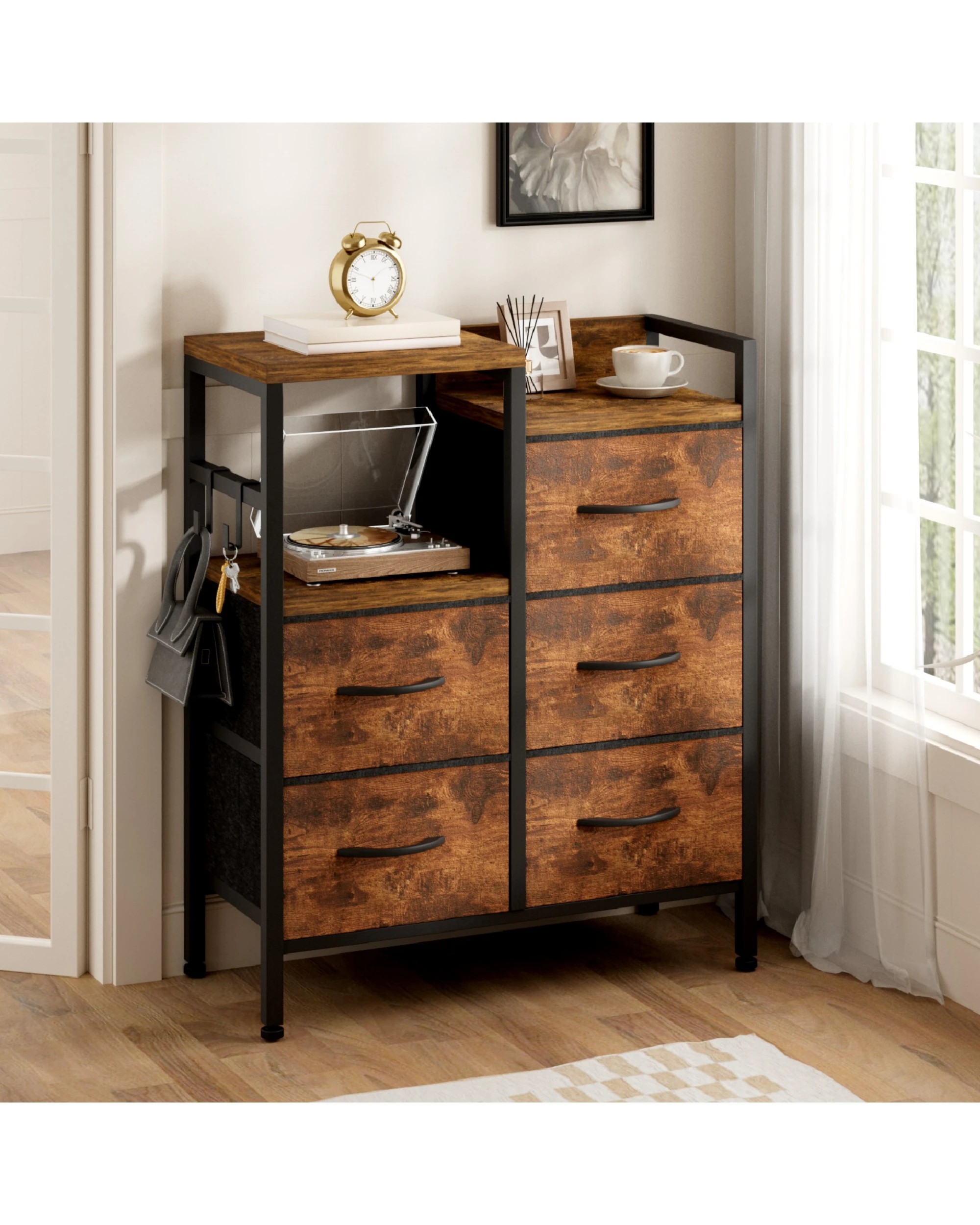 5 Advwin Chest of 5 Drawers Storage Cabinet with Open Shelf - Brown, 5 of 10