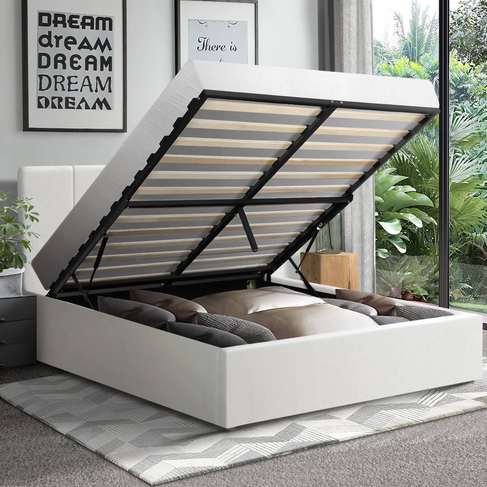 3 Oikiture Queen Bed Gas Lift Base With Storage Bed Frame
 - White, 3 of 10