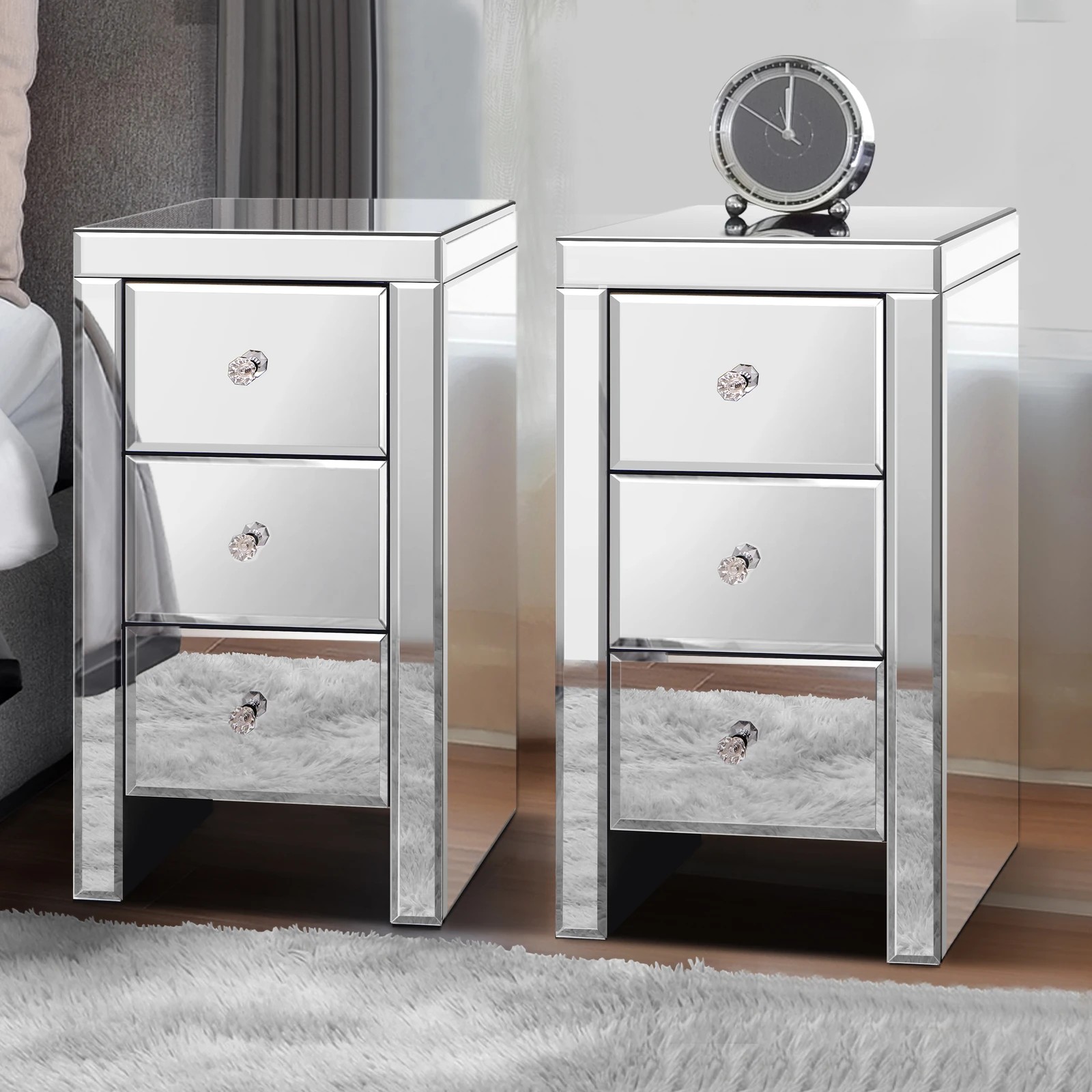 2 Alfordson 2x Mirrored Bedside Table Cabinet Nightstand - Silver, 2 of 10