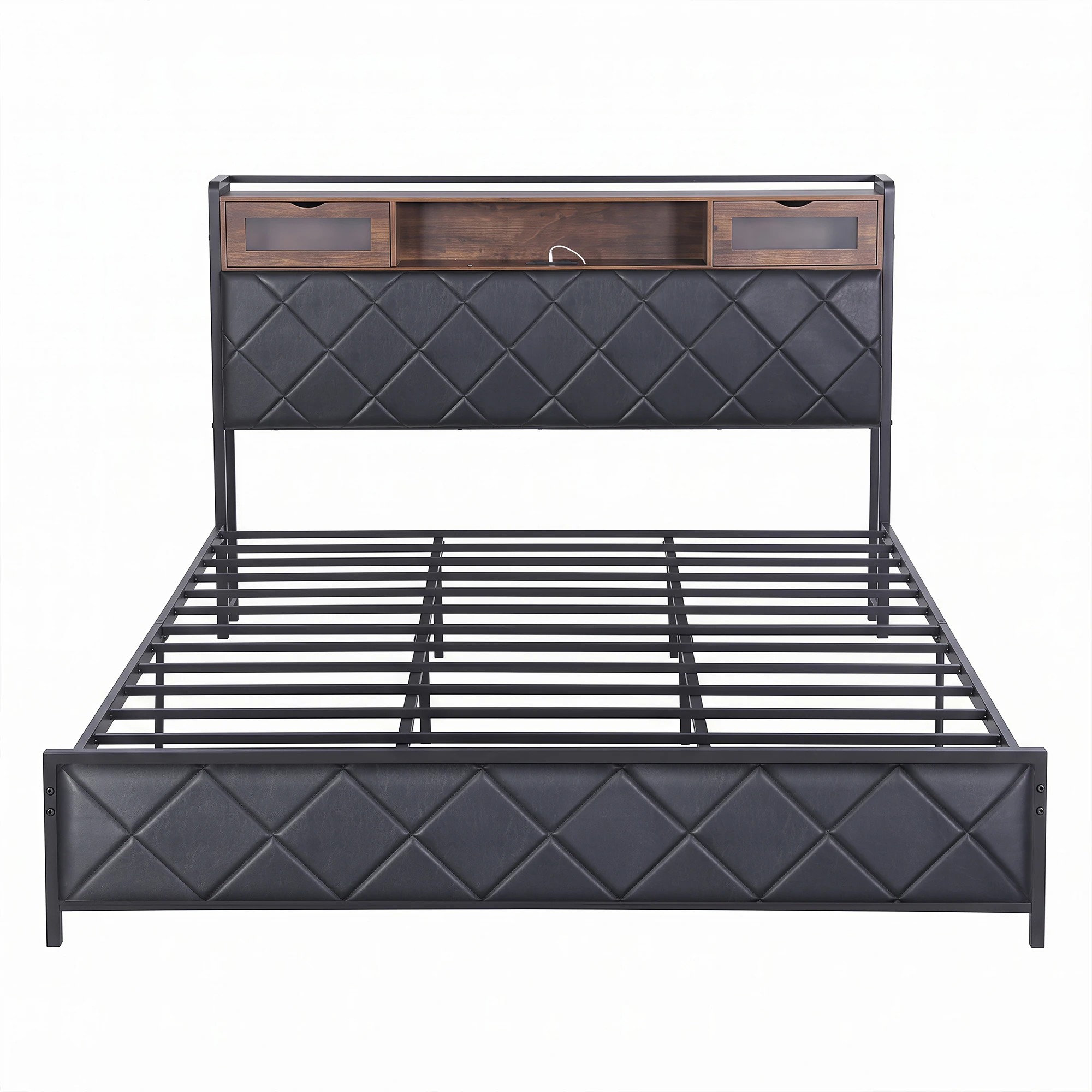 3 Artiss King Bed Frame with LED Lights and Storage Headboard Charging Station - Black, 3 of 10