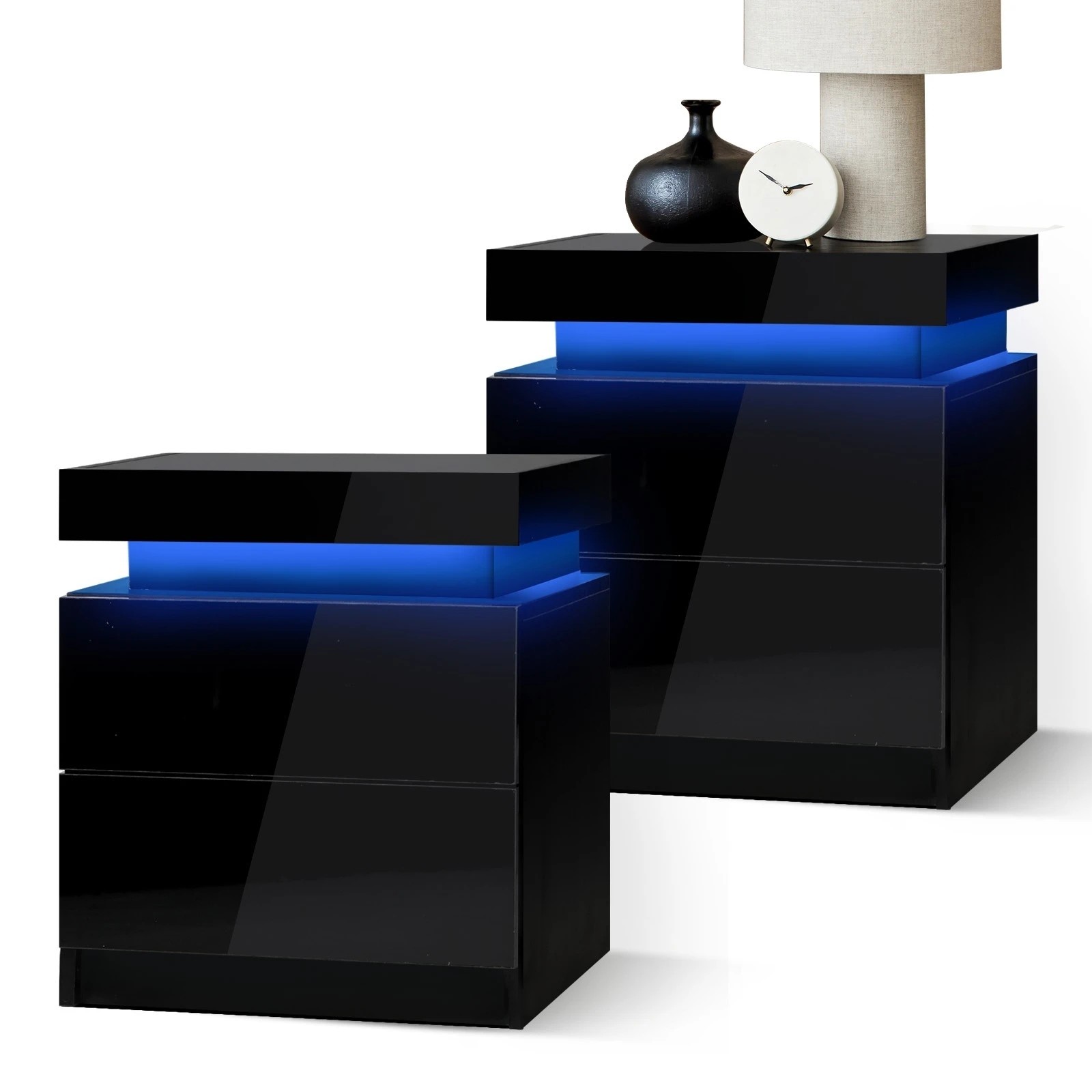 1 Oikiture Bedside Tables Set of 2 LED Nightstand Cabinet 2 Drawers Side Table - Black, 1 of 4