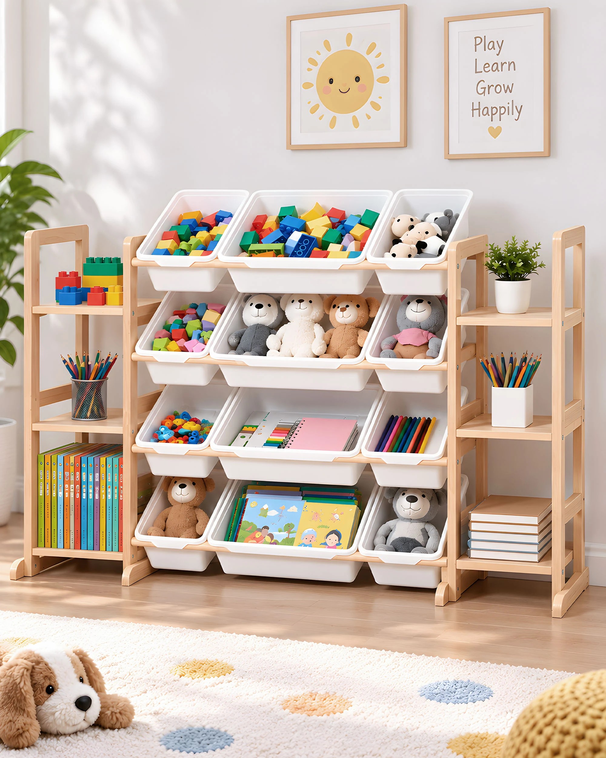 8 PlayPals Kid Storage Box Toys Organizer 6 Shelves and 12 Bins Display Rack - Natural, 8 of 8