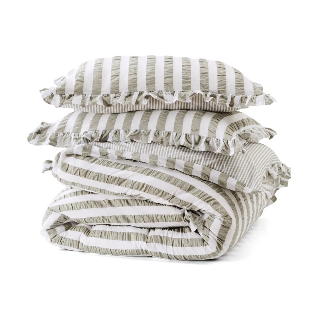 6 Ruffle Stripe Cotton Reversible Quilt Cover Set - King Bed, Seagrass, 6 of 7