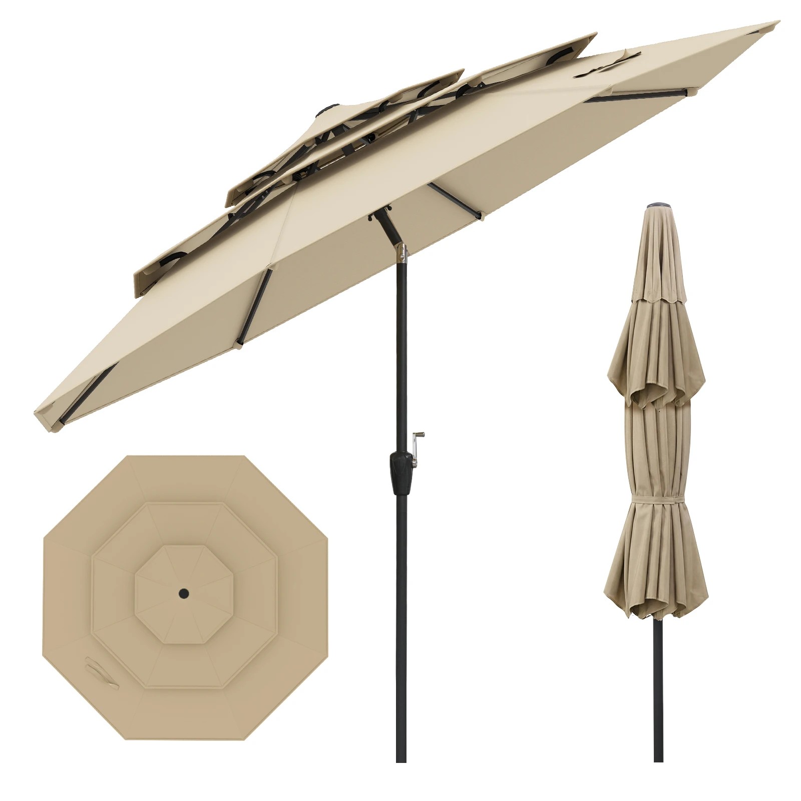 1 Costway 3M Patio Umbrella Anti-UV Beach Parasol Auto-Tilt Sun Shelter - Beige, 1 of 2