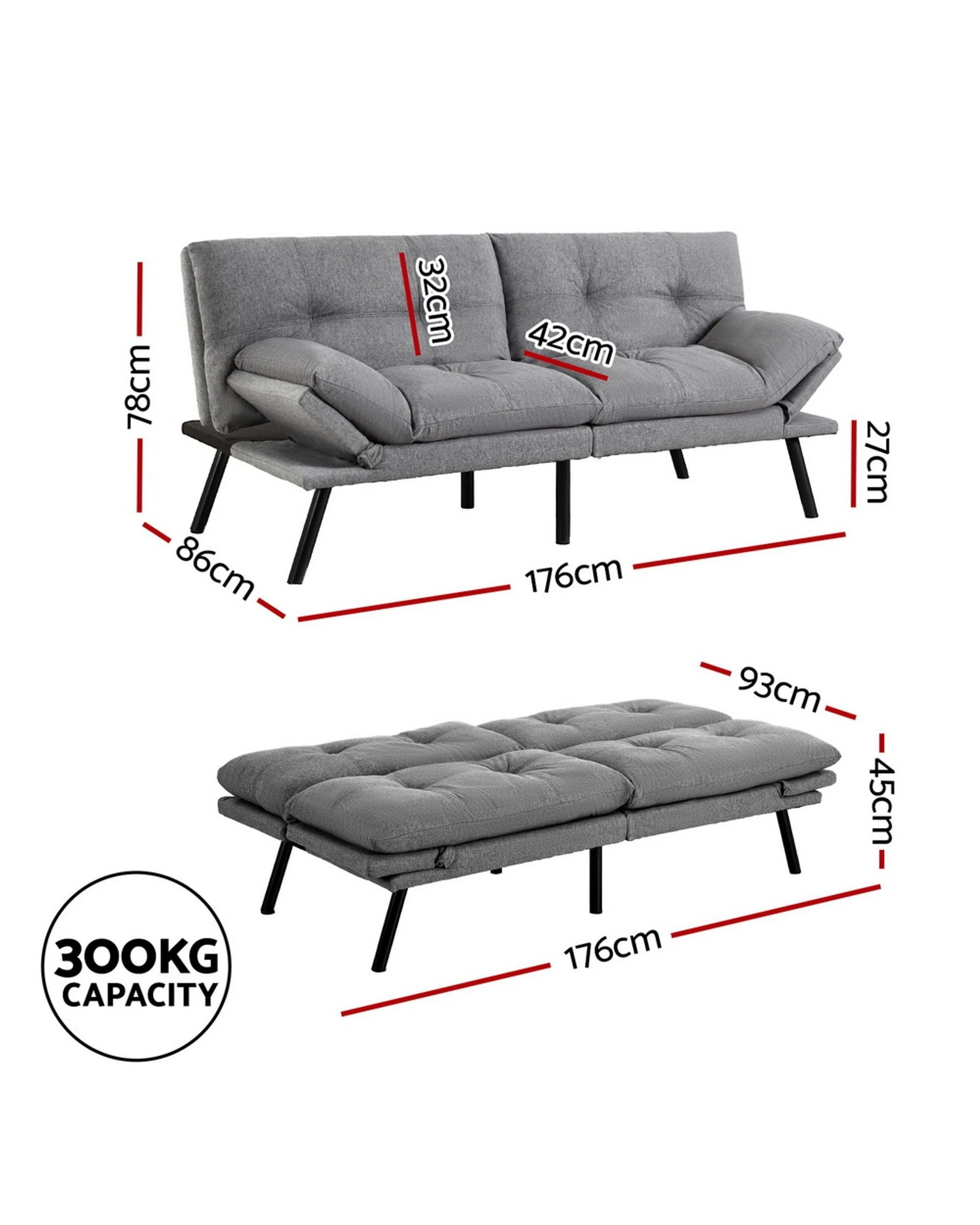 2 Artiss Sofa Bed Convertible 3 Seater Couch Recliner Lounge Chair Fabric
 - Grey, 2 of 3