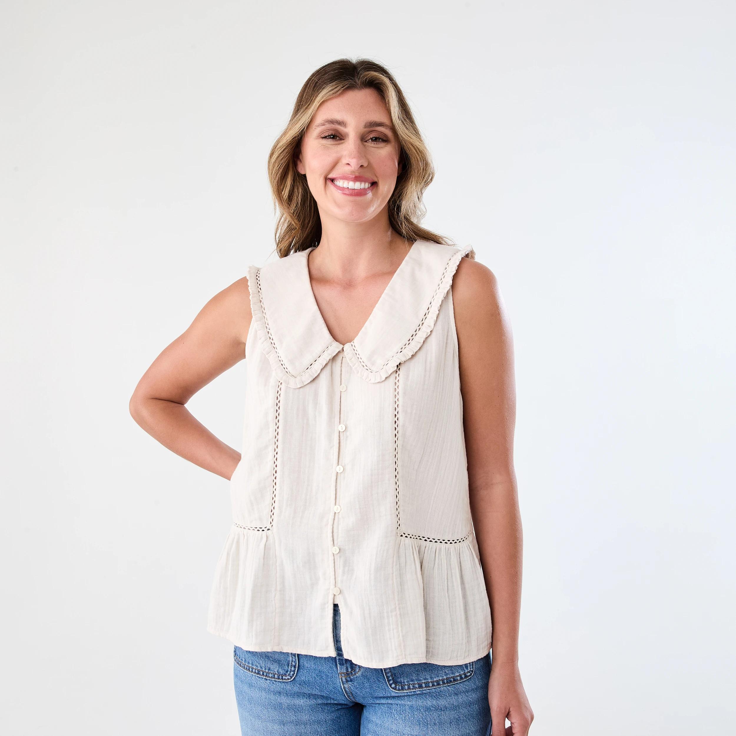 1 Sleeveless Collared Frill Top Nat Beige, 1 of 7