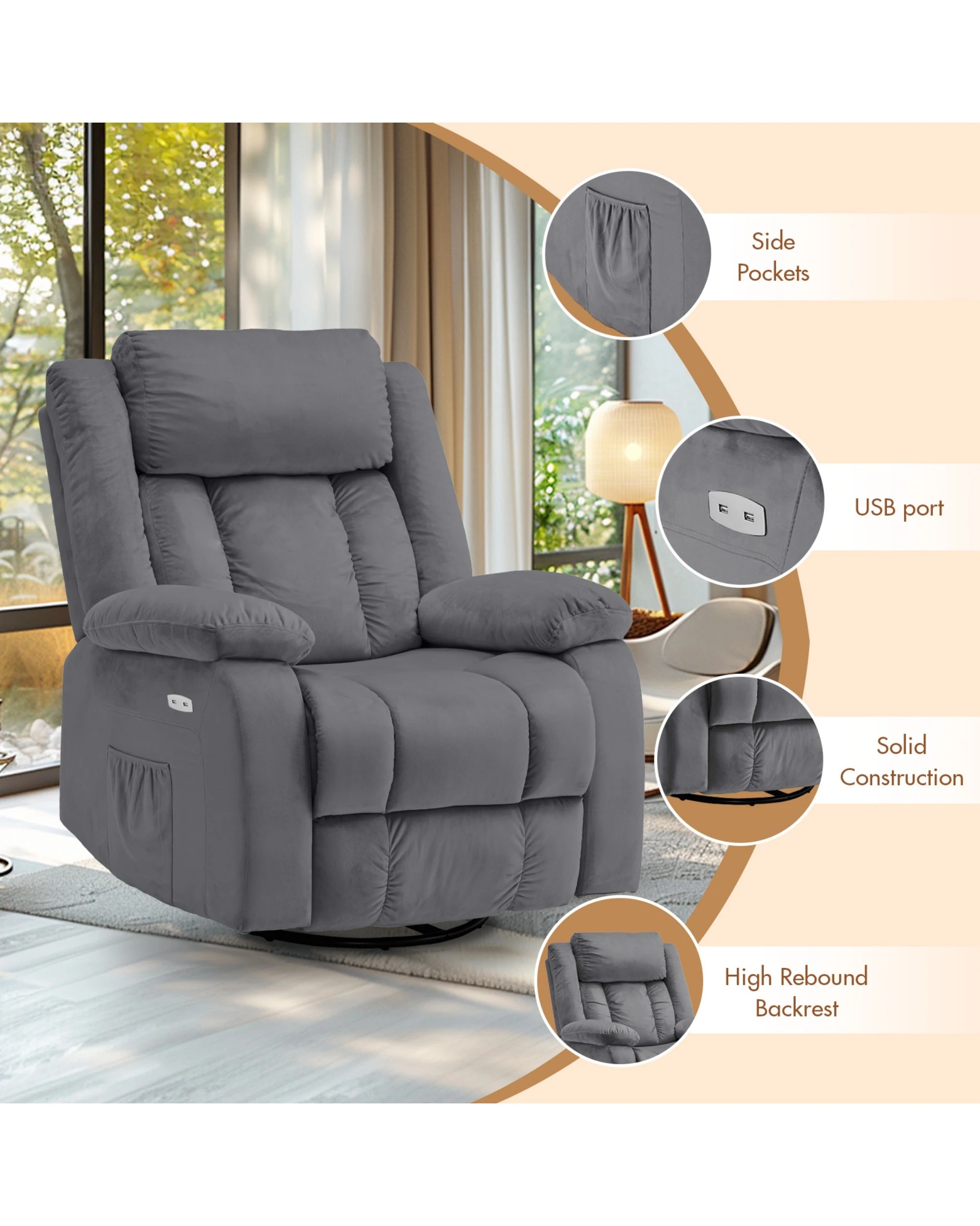 7 Advwin Recliner Chair Electric Heat Massage Chair Lounge Armchair Rotatable Velvet Grey, 7 of 8